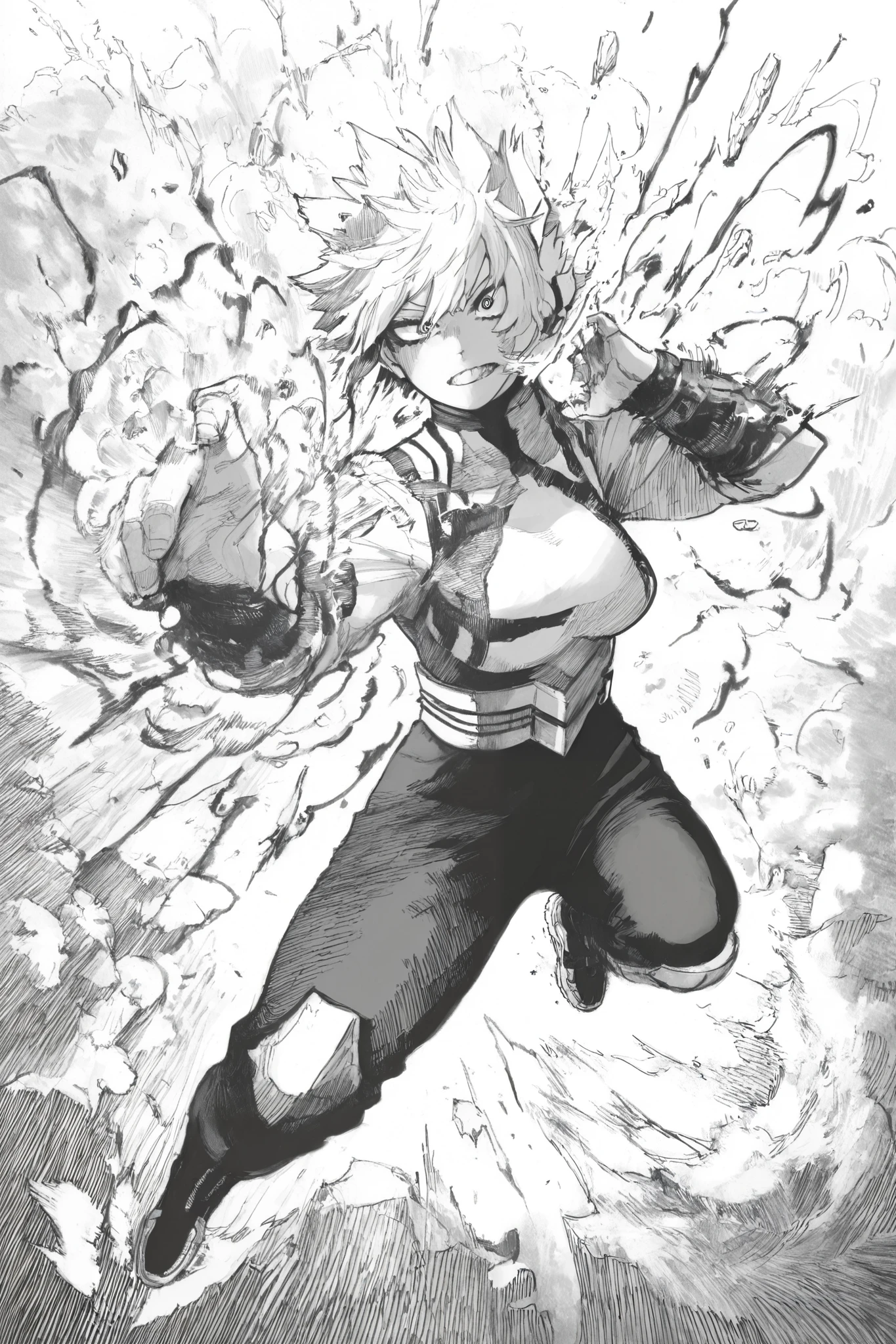 score_9, score_8_up, score_7_up, score_6_up, score_5_up, score_4_up, Kohei Horikoshi, My Hero Academia,
BREAK
(masterpiece: 1.0), best quality, monochrome, greyscale, crosshatching, directional hatching, gradients in shading, perfection, highly detailed hatching /texture/, extremely shaded
BREAK
ultra-detailed realistic manga \(medium\) (cinematic manga style), very awa, masterpiece, highres, absurdres, newest, year 2024, year 2023, ultra-detailed textures, (linear hatching, hatching \(texture\):1.1), ultra-detailed clothes, greyscale, monochrome, (masterpiece: 1.0), best quality, perfect anatomy, perfect composition, perfection, monochrome, greyscale, detailed hatching, directional hatching, contour hatching, thick outlines
BREAK
1girl, female bakugo, dynamic pose, foreshortening, action pose, 