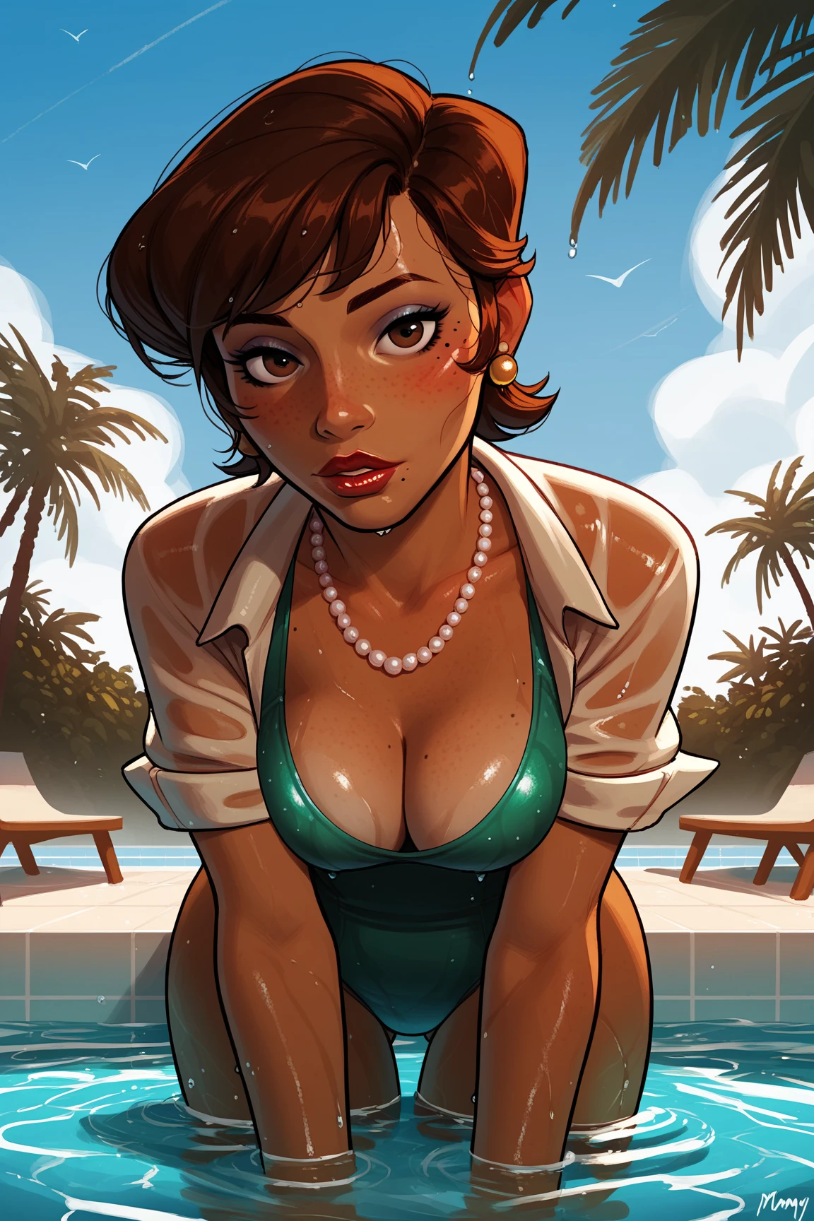 mkvd,1girl, solo, lying, beach,short hair,  bikini,looking at viewer,plump,glasses, hands on stomach,towel,smile,     <lora:velma:1.0>