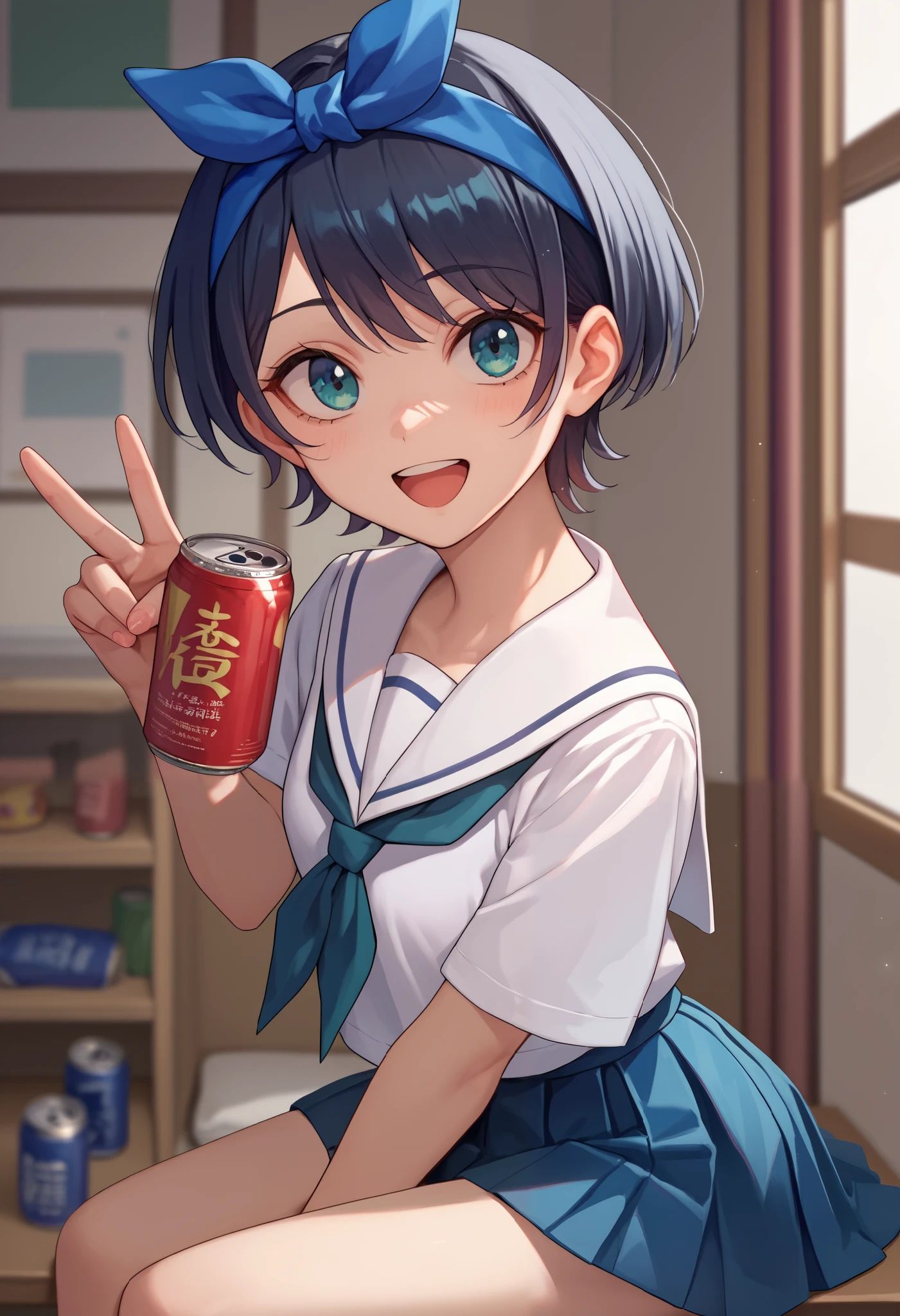 score_9, score_8_up, score_7_up, source_anime, solo, 1girl, sarashina ruka, happy, looking at viewer, v, blue hairband, school uniform, can see her bra