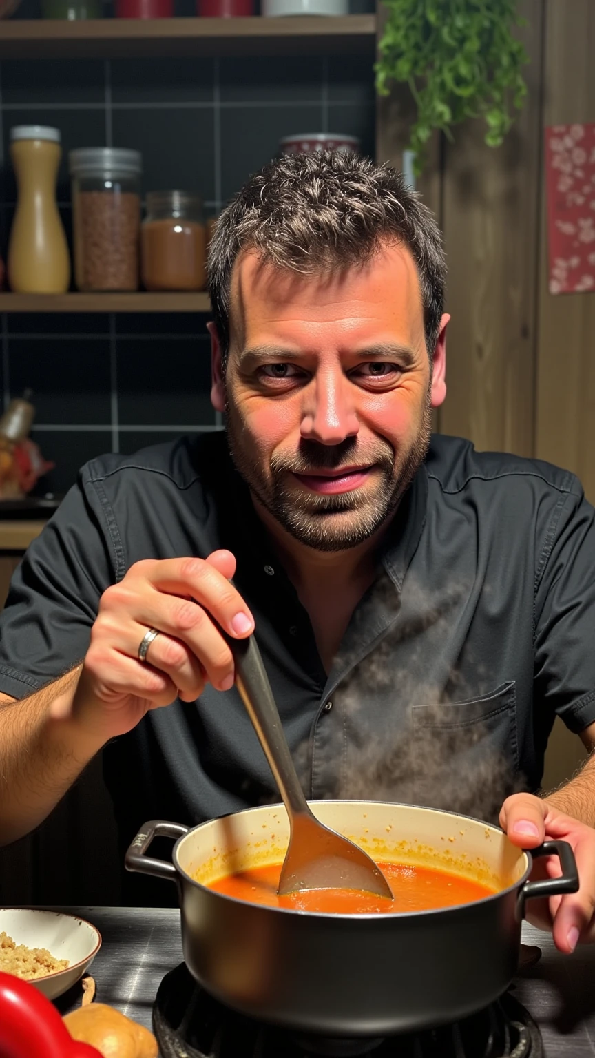  a man cooking a soup, Very realistic, Focus on the face of man ,  ,  Textured skin 