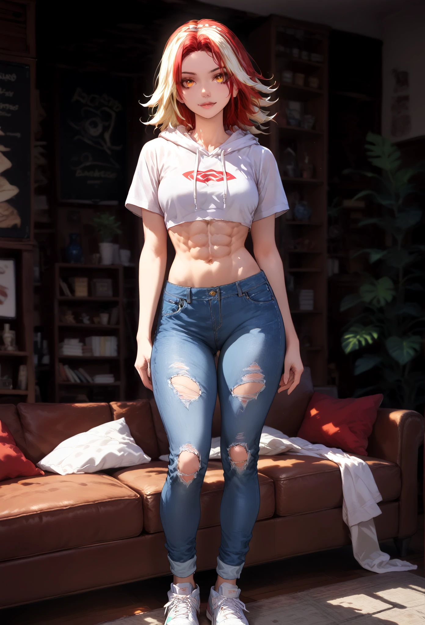 1girl, adult,  multicolored_hair, blond_hair,(blond_hair: 1.2), (red_hair_highlights: 1.5), piercing_amber_eyes, wearing_a_cropped_black_hoodie_with_flame_logo, toned_abs_visible, ripped_jeans, sneakers, standing_in_a_dorm_room_with_scattered_bags_and_laptops, casual_pose_with_one_hand_on_hip,leaning_against_couch, zoomed_on_girl, detailed_face_detailed_body, detailed_hands