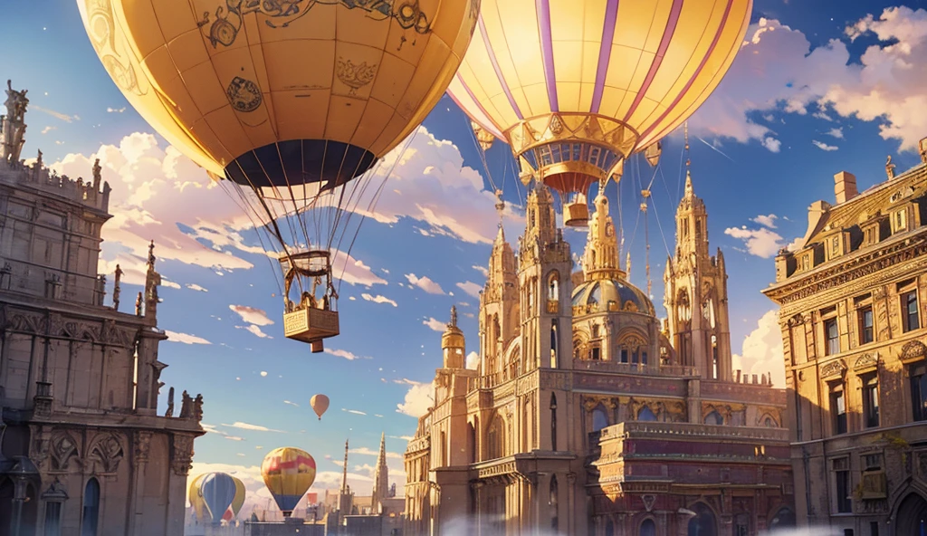 Photorealistic flying vehicle photography featuring a large,ornate steampunk hot air balloon.Below the balloon, an ancient city with classical architecture,detailed with intricate carvings and lively market scenes.In the background, mystical glass mountains glowing in vibrant rainbow hues,with a dreamy,fantastical atmosphere.Hyper-detailed rendering,richly decorated elements,cinematic lighting,and