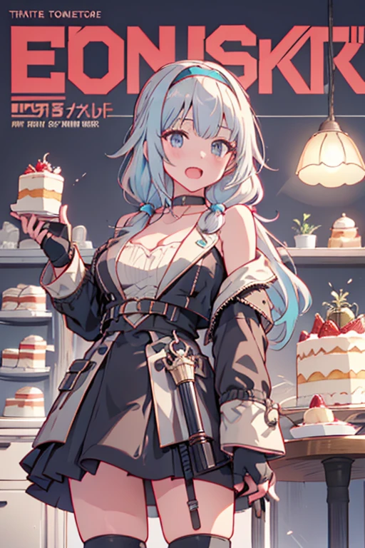 (small breasts:1.2), (perky chest:1.2), (pointed chest:1.2), (Pudding cake magazine cover:1.3),(from below:1.0),(shoot from the side:1.1),masterpiece, 1girl, Amazing Cleavage:1.1, thin waist, optimum,tmasterpiece,hight resolution,best qualtiy,hyper HD,super detailing,awardwinning,a 18yo cute girl,(The upper part of the body),anatomy correct,Beautiful Black miniskirt,garters,Gaze,Small face,bangss,holster,Beautuful Women,hands up,leg holster,Gaze,black boots,Cowboy Shot,cute face,a blond,Longhaire,Twin-tailed,Braids, Hairline,（scarlet eyes）,long eyelasher,Hanging eye corners,White skin of the, ((see through camisole:1.1)), ((Sheer nipples:1.0)),Rocket ,(Slim body),smile,seductive weak smiling,(with sparkling eyes and a contagious smile),little open mouth, Looking at Viewer, 