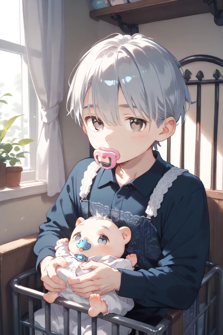 1Baby boy, Alone, looking at viewer, blush, long sleeves, 1boy, hair between eyes, white hair, gray hair, male focus, at home, \(symbol\), gray eyes, elderly, , male , baby, pacifier, inside crib,