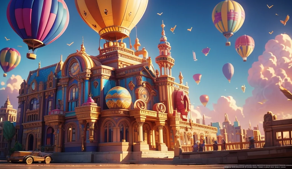 Photorealistic flying vehicle photography featuring a large,ornate steampunk hot air balloon.Below the balloon, an ancient city with classical architecture,detailed with intricate carvings and lively market scenes.In the background, mystical glass mountains glowing in vibrant rainbow hues,with a dreamy,fantastical atmosphere.Hyper-detailed rendering,richly decorated elements,cinematic lighting,and