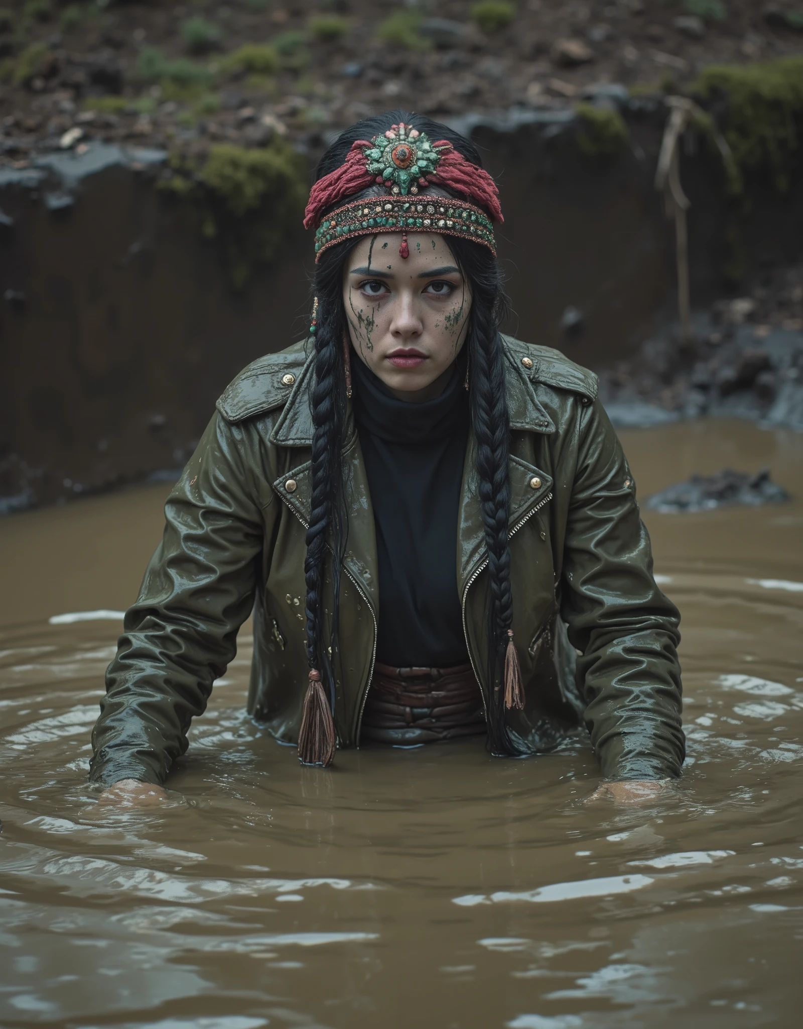 extremely detailed pale woman drowning in sticky sludge bog puddle, in leather jacket and turtleneck,жертва ритуала, грязевая яма, drowned below sludge, теряющий контроль, головной убор,традиционный макияж коренных народов, red green blue,