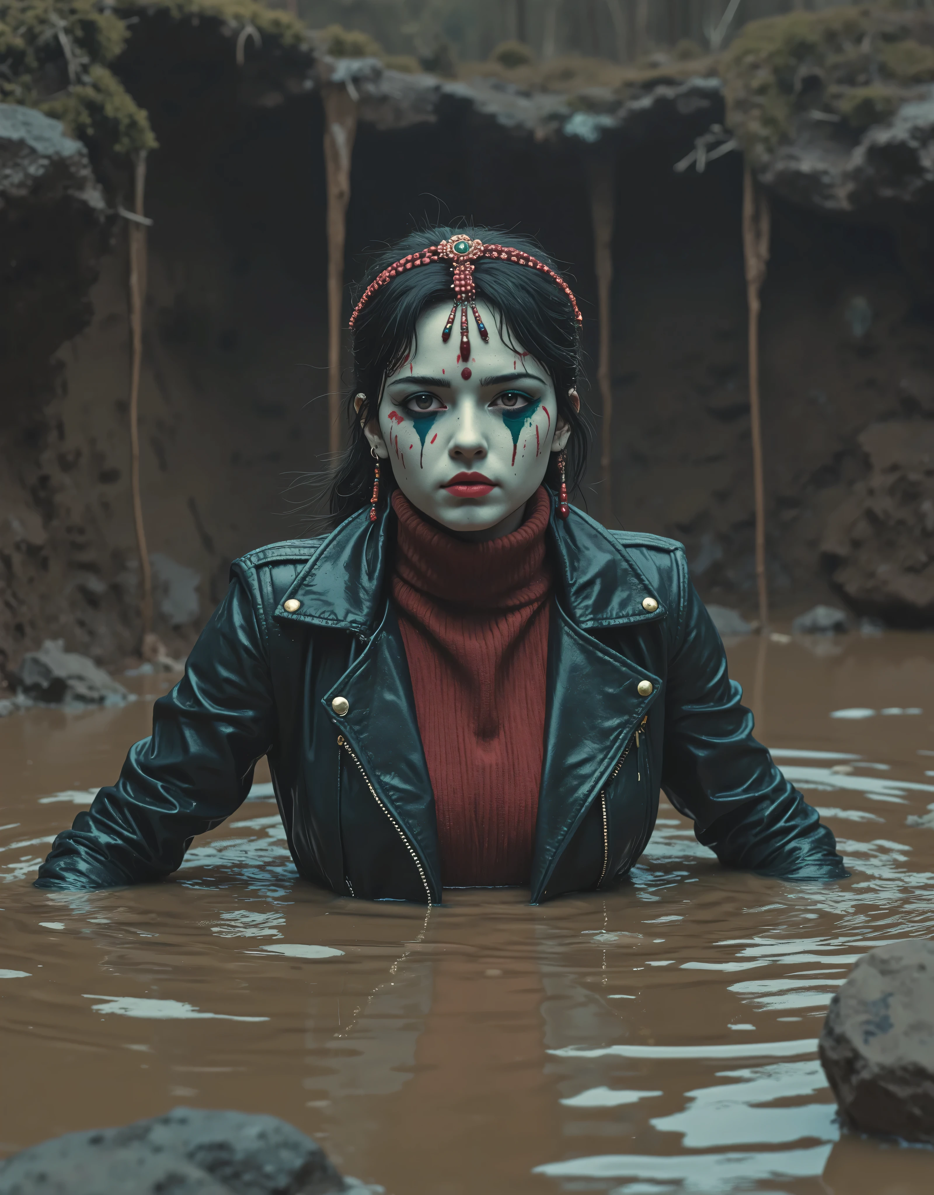 extremely detailed pale woman drowning in sticky sludge bog puddle, in leather jacket and turtleneck,жертва ритуала, грязевая яма, drowned below sludge, теряющий контроль, головной убор,традиционный макияж коренных народов, red green blue,