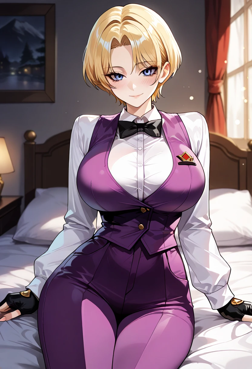 score_9, score_8_up, score_7_up, best quality, intricate details, perfect face,high quality,1girl,
 king aof, blue eyes, short hair, blonde hair, indoors,bedroom,
bowtie, collared shirt, fingerless gloves, high-waist pants, long sleeves, purple suit vest, bokeh, high contrast, natural skin texture,(large breasts:1.4),huge breast,(round breasts),busty,(nalow waist:1.3),(slender),( curvy ),indoors,bedroom,athletic stomach,(slender physique:1.1),((skinny body)),( thin limbs),(lying the bed),looking at viewer),(blush),(I love you),(happy),(smile)