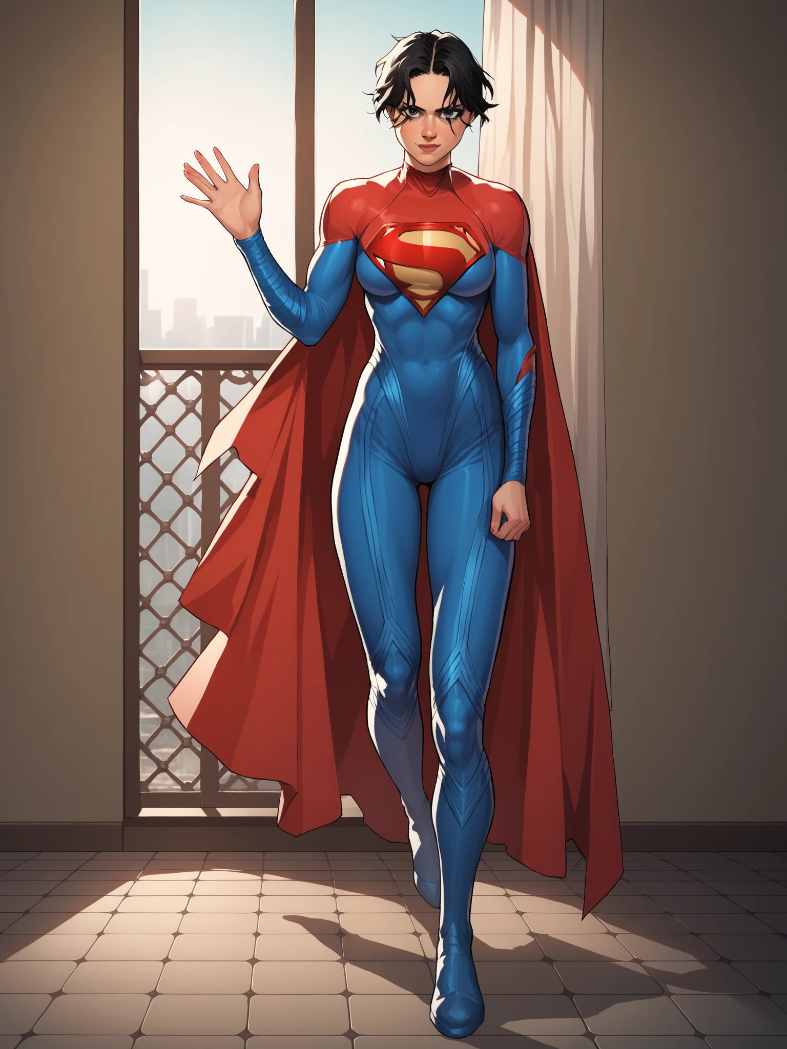 score_9, score_8_up, score_7_up, score_6_up, source_anime, BREAK, SupergirlTFXL, black eyes, black hair, short hair, curtain hair, medium breasts, superhero, red cape, bodysuit, red bodysuit, blue bodysuit, solo, full body, standing, waving, looking at viewer, indoors 