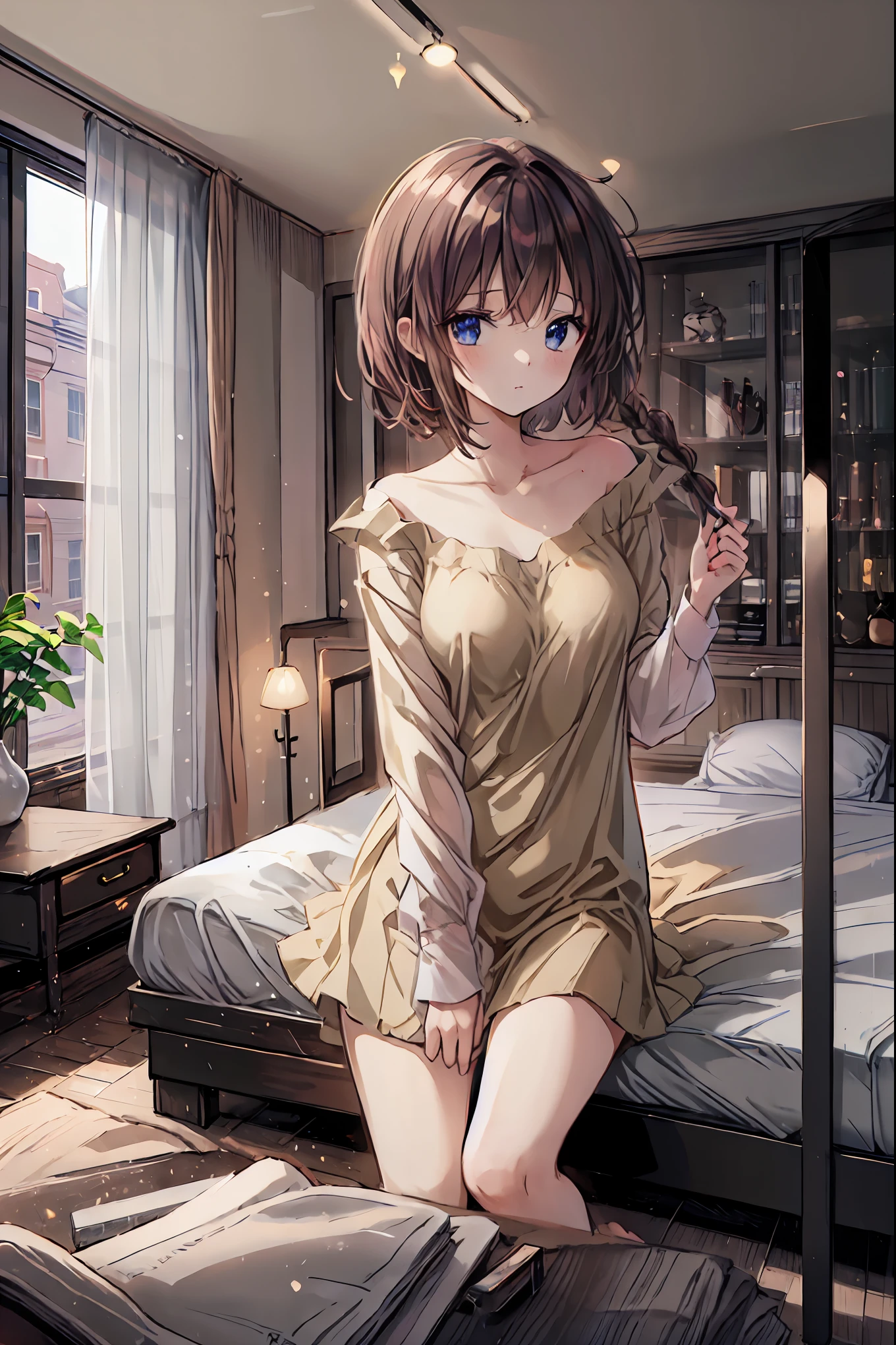 ( table top in bed)( HIGH DEFINITION )One couple in their 20s, woman1名、woman向けロマンス、Sparkling atmosphere、Glossy appearance、Devour each other as they please、Interview、 Sweating、maleがwomanの胸や体を触る、womanがmaleにキスをする、make、woman( brown medium long hair 、 slightly larger breasts 、 negligee 、近いeye)、Sweet Sigh、male( black hair short、Half-removed shirt、 legs 、Strong and close ~ eye)、background(room、 bed、Turn off the lights、I closed the curtains..)、The night deepens、dim、 brown hair, shortcuts, Unkempt Hair ,Short braided hair,Neat, slender beautiful woman,Correct posture,Small chest, Beautiful Legs,魅惑的なグレーブルーのeyeは星のように輝いている,垂れeye, brightly colored ,美しいeye,A delicate smile,Textured Skin, best quality best ,優しくて美しいwoman, anime style、