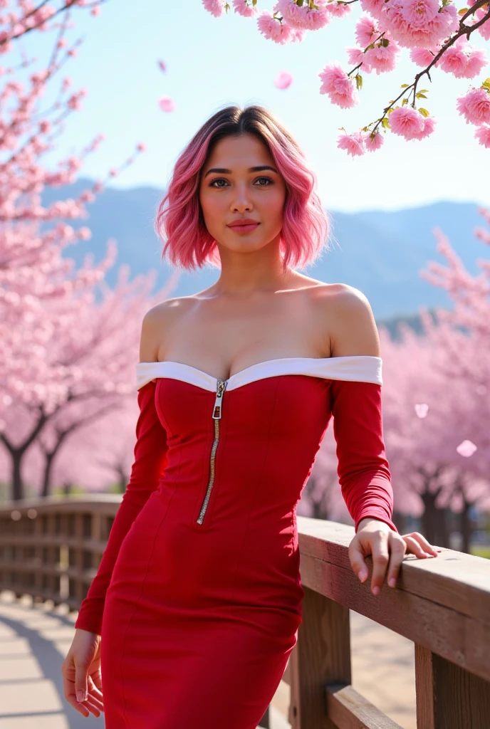 Generate a high-resolution, photorealistic image of Tamannaah in a serene spring outdoor setting. She stands among blooming cherry blossom trees with a clear, soft blue sky overhead and gentle sunlight casting a warm glow. The background features delicate pink cherry blossom petals floating in the air and covering the ground, creating a picturesque and tranquil atmosphere. Faint outlines of distant mountains add depth to the scene.

Tamannaah has pink hair styled in a bob cut with bangs framing her face. She wears a form-fitting, off-the-shoulder red dress with white trim, long sleeves, and a front zipper that accentuates her figure. Her posture is relaxed yet poised, with one hand resting on a wooden bench or railing. She exudes confidence with a subtle smile or a knowing gaze, balancing sexiness and elegance.

Details include:

Pink hair with subtle highlights and shadows for realism.

Dress with folds and creases suggesting movement and fabric texture.

Wooden surface with natural grain and a well-worn appearance.

Natural sunlight illuminating the scene, highlighting her hair and dress, with soft shadows adding dimension.

Colors: soft pinks of cherry blossoms, rich red of the dress, blue sky, and natural wooden tones creating a harmonious composition.

Ensure the image has pixel-perfect skin texture and is highly detailed, capturing Tamannaah's distinct features accurately. The scene should convey a sense of serenity and beauty, with Tamannaah as the focal point, exuding confidence and allure.