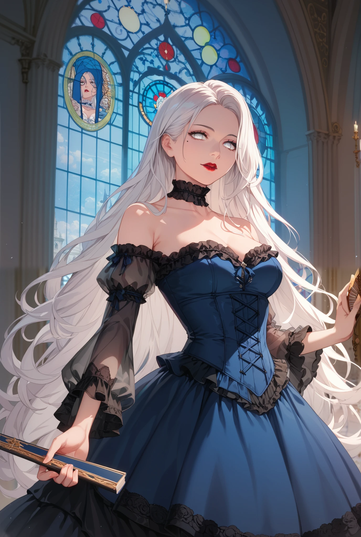 1girl, very Long Hair, parted bangs, White Hair, white eyes, no pupil, no iris, blank eyes, strapless victorian frilly dress, navy blue colored dress, black see-through shaw, off the shoulder sleeves, frilly choker, hip windows in dress, holding up hand fan with fluff on it, see through lace blind over eyes, dark red lipstick, beauty mark corner of eye on right side, cathedral background, High Details, Best Quality, Masterpiece, Quality, Super Detailed, detailed face, detailed eyes, detail hands, Anime, Anime Style,