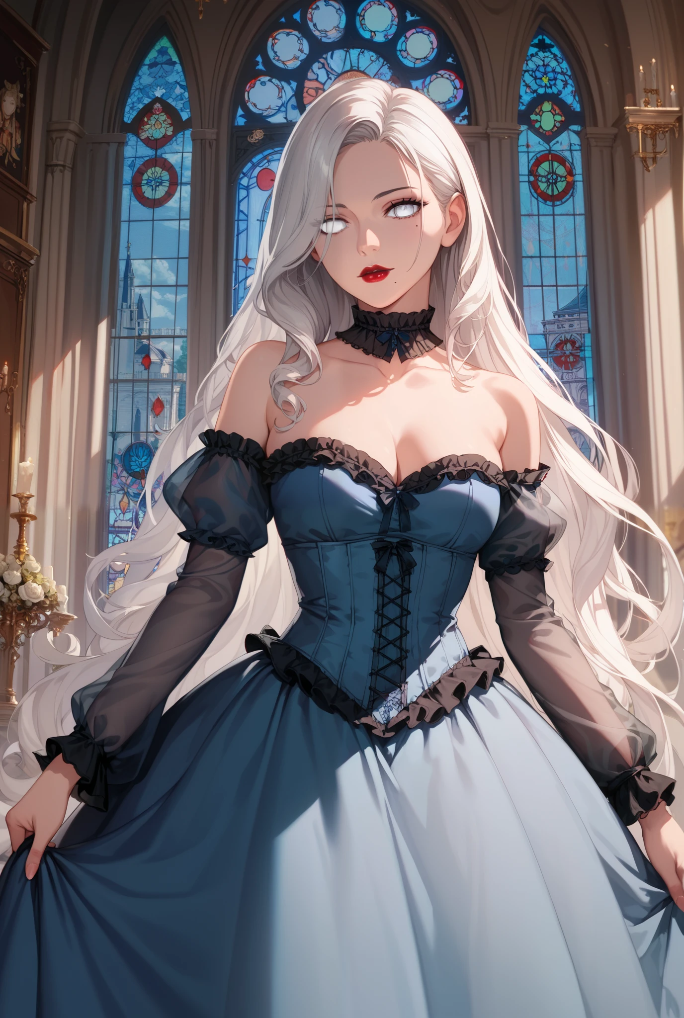 1girl, very Long Hair, parted bangs, White Hair, white eyes, no pupil, no iris, blank eyes, strapless victorian frilly dress, navy blue colored dress, black see-through shaw, off the shoulder sleeves, frilly choker, hip windows in dress, holding up hand fan with fluff on it, see through lace blind over eyes, dark red lipstick, beauty mark corner of eye on right side, cathedral background, High Details, Best Quality, Masterpiece, Quality, Super Detailed, detailed face, detailed eyes, detail hands, Anime, Anime Style,