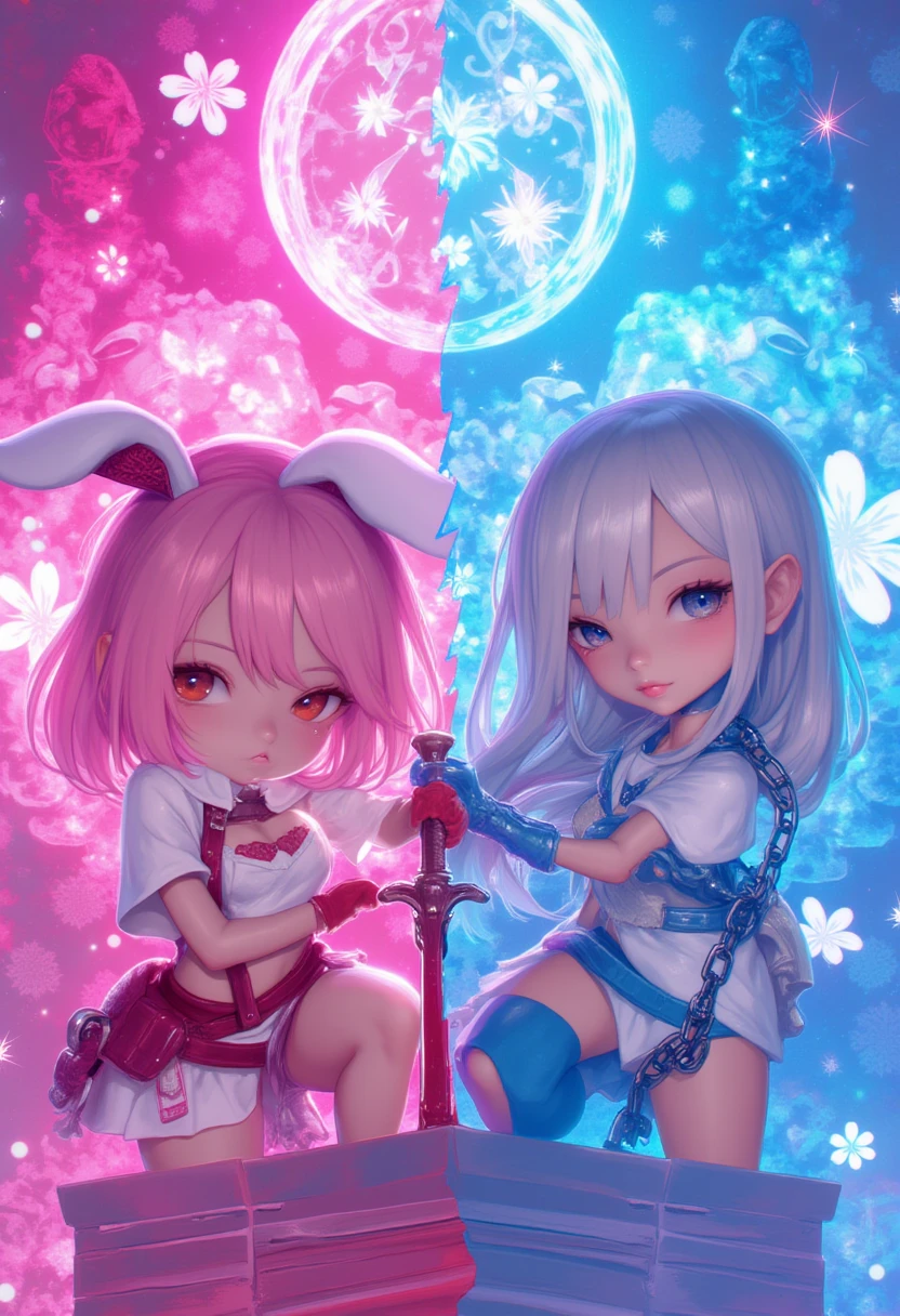 Anime girl, pink hair, pink bunny ears, pink eyes and pink fight with a pink sword and angry, all covered in blood, maid outfit with big busts, fighting with an anime girl with white hair, sky blue eyes, white bear ears, and in a white elegant suit and they fight throughout the galaxy and the image has to be well detailed, volumetric lighting, dramatic shadows, high contrast, hyper-realistic,ultra-detailed,(ultra realistic,ultra professional photorealistic,ultra photo-realistic:1.37),wildlife photography,dynamic lighting,(epic tMasterpiece,max best quality,ultra highdef,XT3,ultra highres),ultra-detailed,ultra sharp focus,varies,multi,etc. --v 6 --s 1000 --c 20 --q 500 --chaos 100