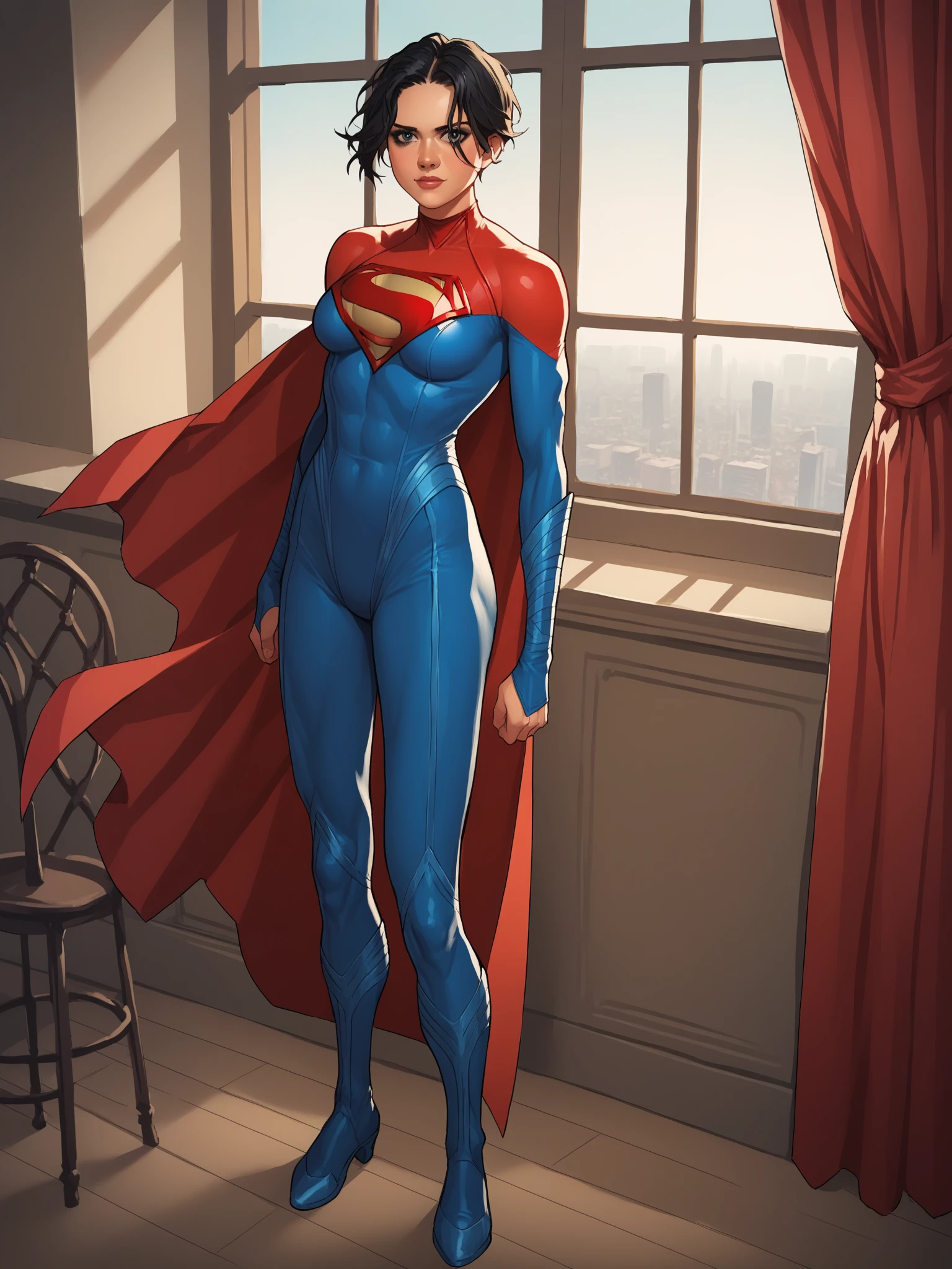 score_9, score_8_up, score_7_up, score_6_up, source_anime, BREAK, SupergirlTFXL, black eyes, black hair, short hair, curtain hair, medium breasts, superhero, red cape, bodysuit, red bodysuit, blue bodysuit, solo, full body, standing, looking at viewer, indoors 