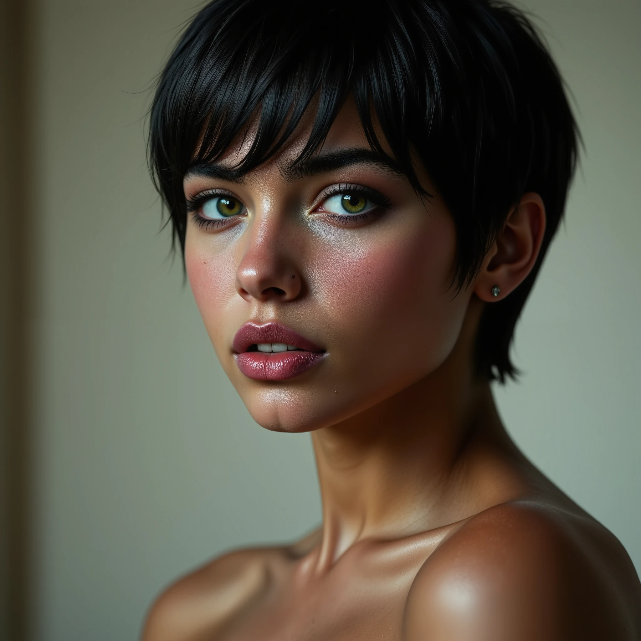 young woman, short, brown skin, pixie cut black hair, green eyes, cute, slutty. Crew Cut 