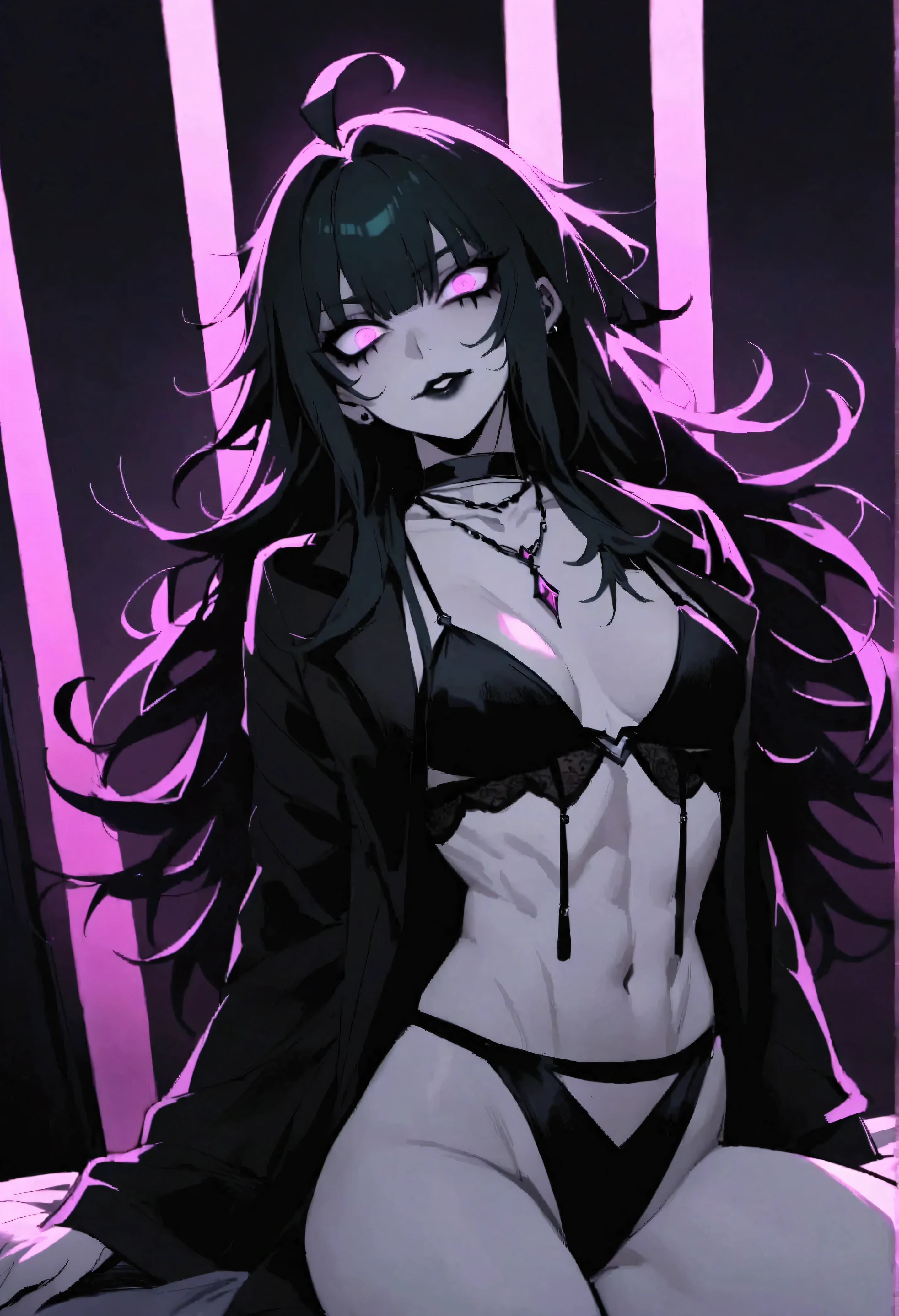 1girl. NSFW, Neon palette, long black hair, side swept bangs, dark purple eyes, black oversized shirt, no bottom, black choker on neck. pointing at viewer.