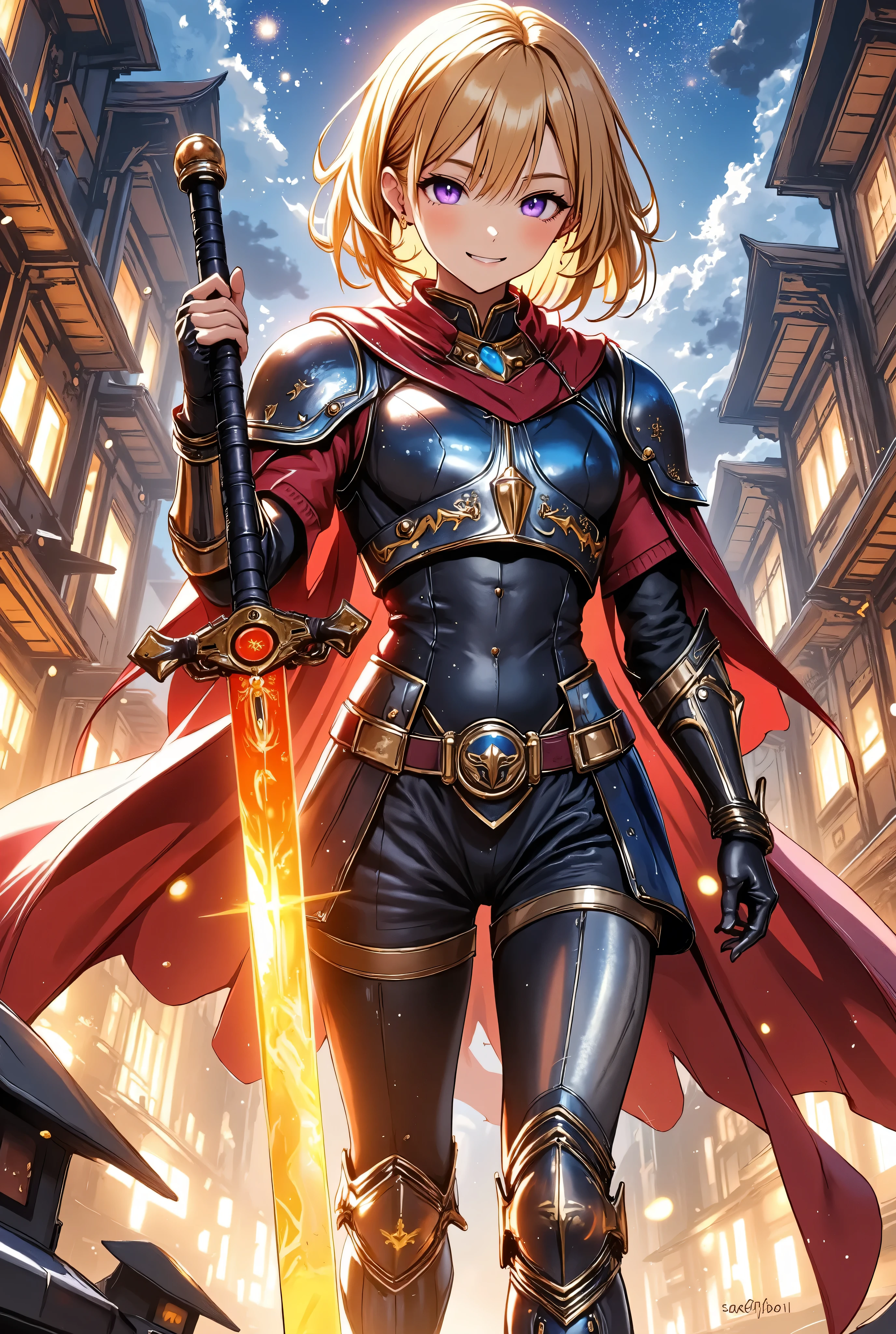  1 girl　+Master Swordsman　+ hold the sword　+Overwhelm Enemies 　+ninja　+Sengoku Warlord Armor　+The big picture　+Yellow Hair　+The dignity of the general　+Glossy tanned skin　+Magical sword that glows orange、
Battlefield　+ Night Sakura　+ Sword Effects