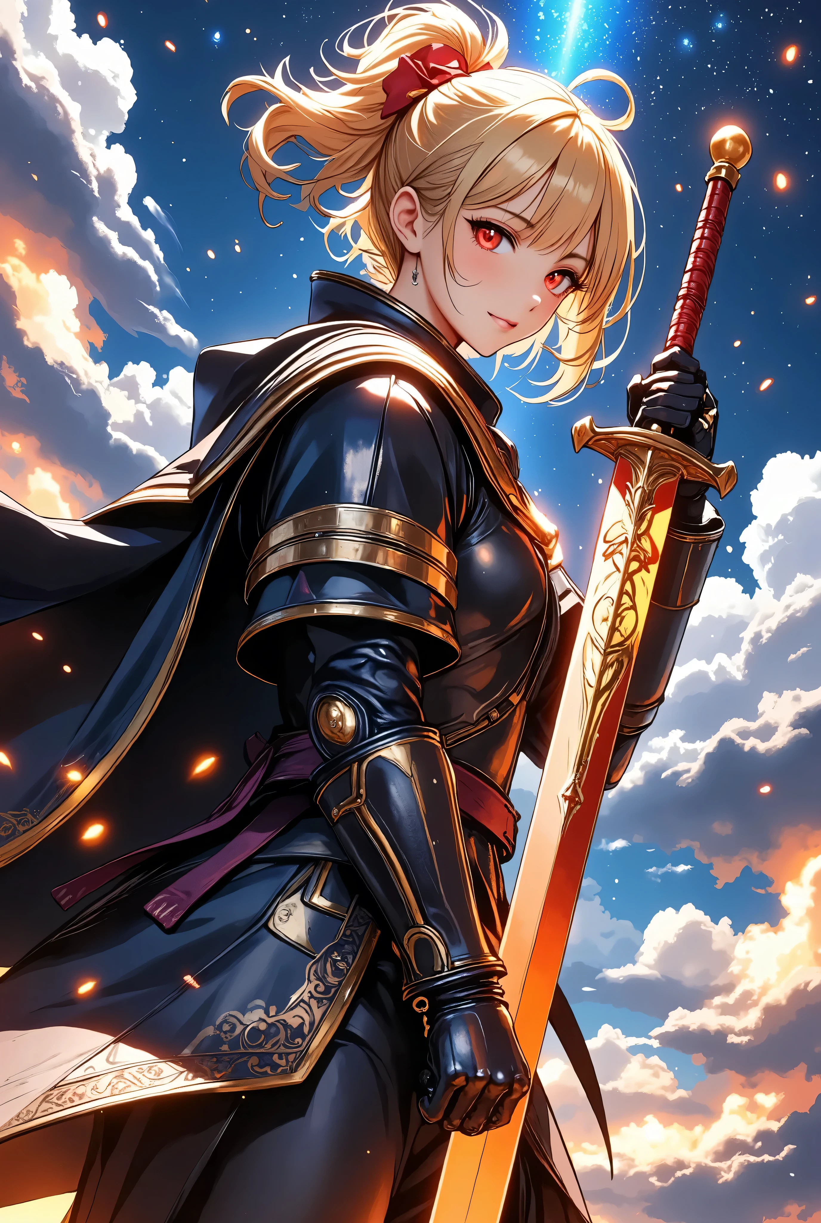  1 girl　+Master Swordsman　+ hold the sword　+Overwhelm Enemies 　+ninja　+Sengoku Warlord Armor　+The big picture　+Yellow Hair　+The dignity of the general　+Glossy tanned skin　+Magical sword that glows orange、
Battlefield　+ Night Sakura　+ Sword Effects