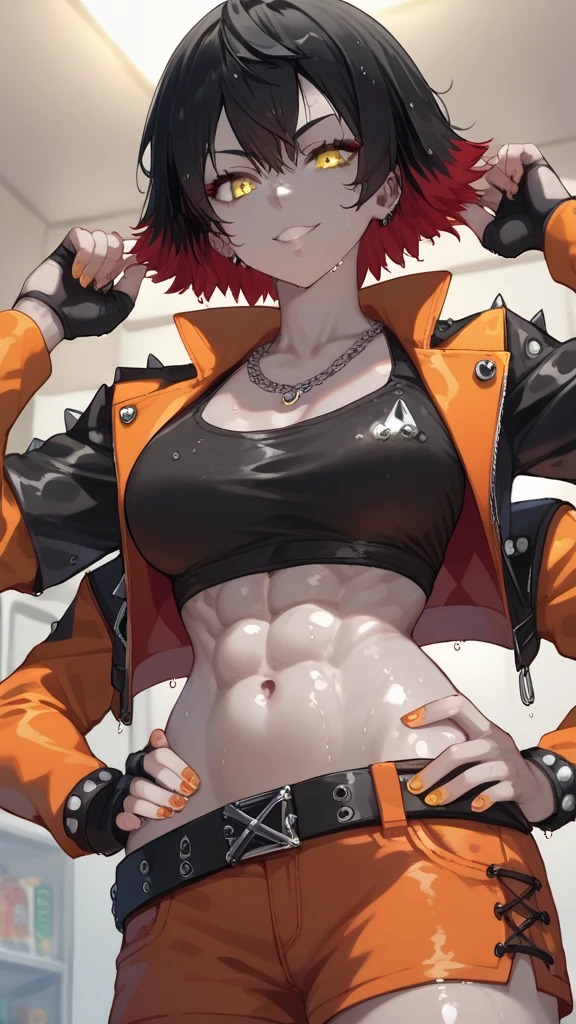 score_9, score_8_up, score_7_up, source_anime,
Susaru , Susaru ,  short hair,  black hair,  yellow eyes ,   red hair , multicolo  red hair ,  two-tone hair , grey skin,
black top, sub-chest,  extra arms, Only two hands, rocker girl, light abs,
 in the room , studded leather long jacket with orange sleeves, short black top, orange shorts
One,  looks at the viewer,  dutch angle, wet skin