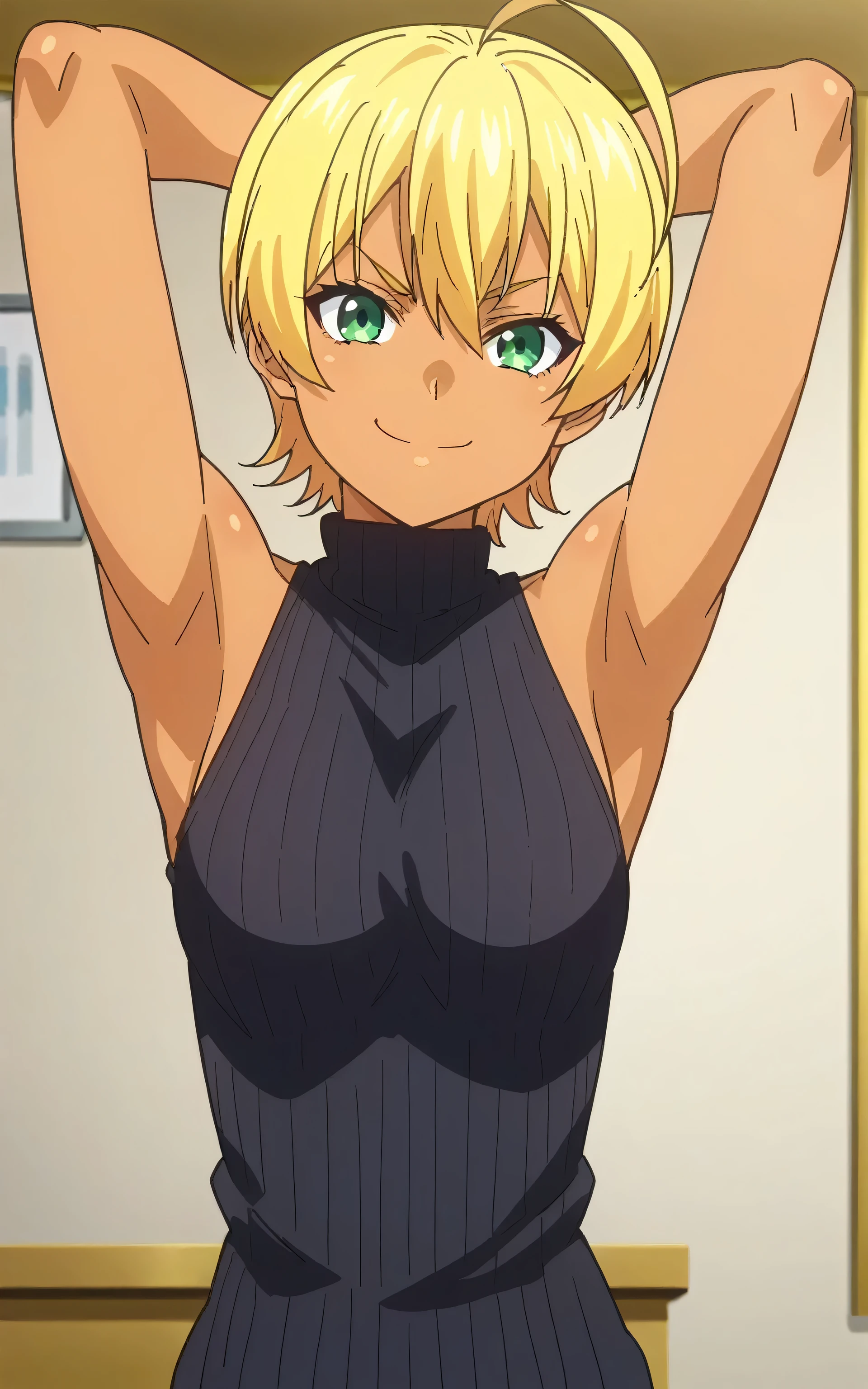 A man wearing a yellow leotard is doing a yoga pose, short blonde boy, Golden eyed boy, Anime Pose, solo, ballet style pose, Wearing leotards, clothing:leotard, Cool anime boy wearing yellow leotard, Ballet pose, Ballet shoes, he is dancing. High leg, Realism, (The shoulders of the leotard are camisole, The leotard has a high-leg waist), Male focus, Strong body, looking at viewer, Cowboy Shot,