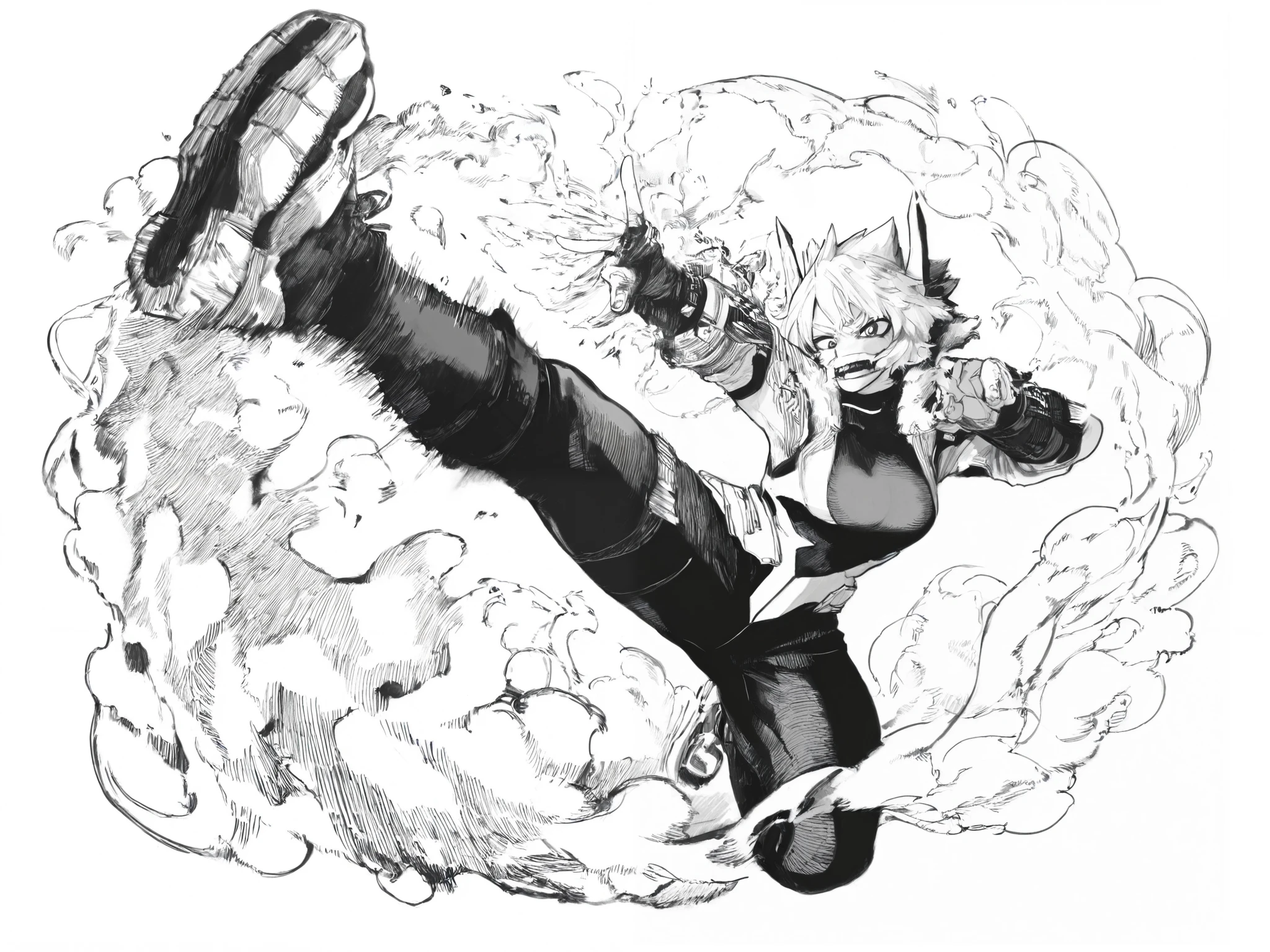 score_9, score_8_up, score_7_up, score_6_up, score_5_up, score_4_up, Kohei Horikoshi, My Hero Academia,
BREAK
(masterpiece: 1.0), best quality, monochrome, greyscale, crosshatching, directional hatching, gradients in shading, perfection, highly detailed hatching /texture/, extremely shaded
BREAK
ultra-detailed realistic manga \(medium\) (cinematic manga style), very awa, masterpiece, highres, absurdres, newest, year 2024, year 2023, ultra-detailed textures, (linear hatching, hatching \(texture\):1.1), ultra-detailed clothes, greyscale, monochrome, (masterpiece: 1.0), best quality, perfect anatomy, perfect composition, perfection, monochrome, greyscale, detailed hatching, directional hatching, contour hatching, thick outlines
BREAK
1girl, female bakugo, dynamic pose, foreshortening, action pose, 