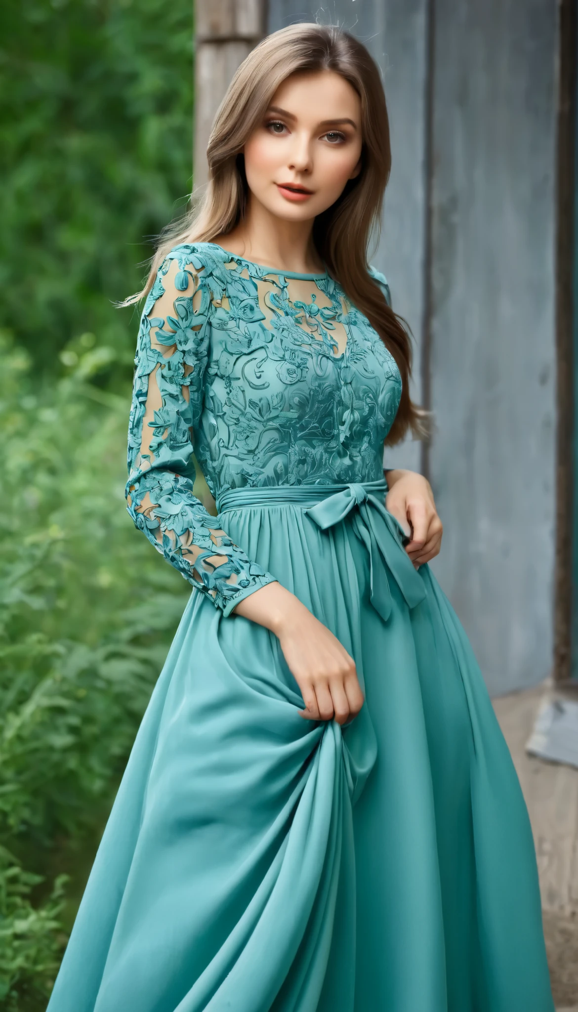 Ее роскошное dress течёт с верхней до нижней части, а dress полностью покрывает её плечи и стекает вниз в скромную кружевую декольте. , which gracefully reveals the thin , The tightly tied fabric of her dress covers her belly , where the continuous flow is interrupted by a small , that she wears high around her waist . dress, which is worn below him . Ниже талии dress скрепляет ее и имеет стиль русалки.