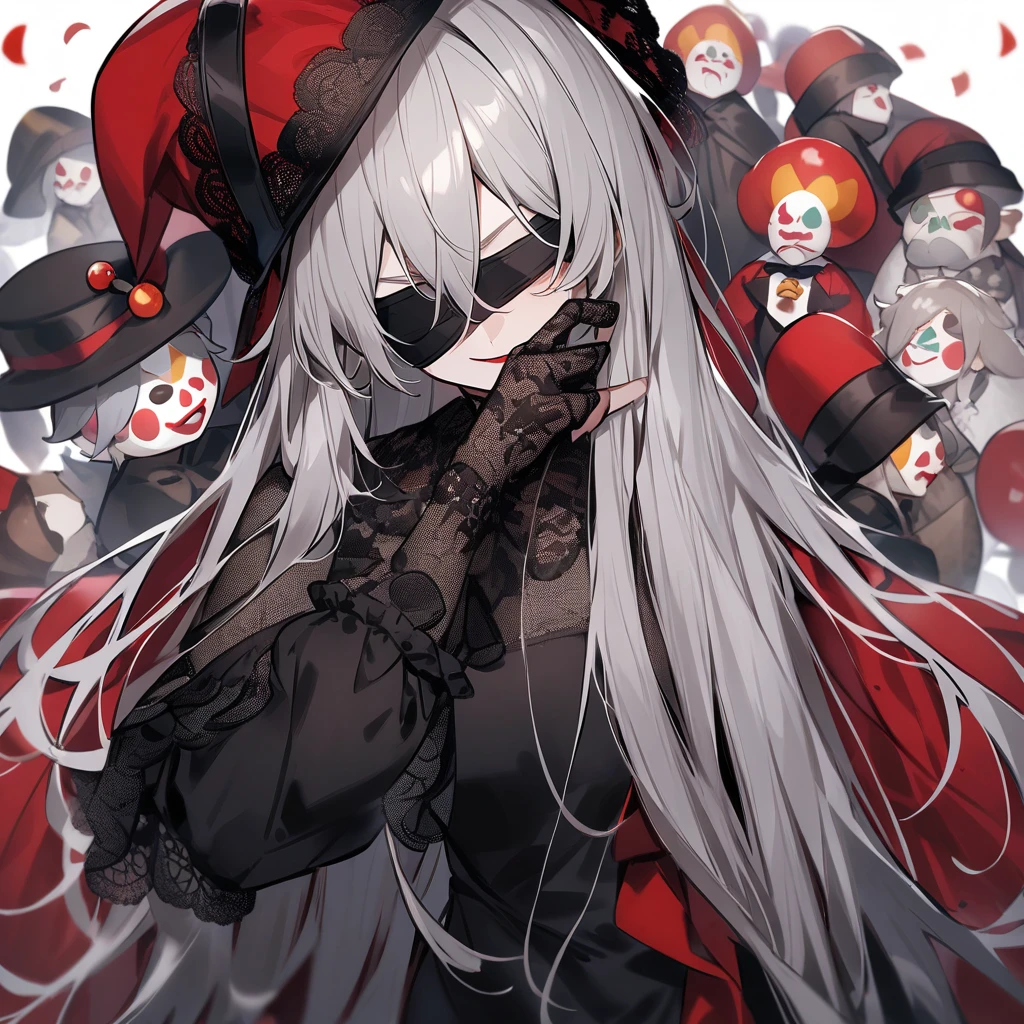 ((Highest quality)), ((masterpiece)), (detailed), 女の子
Masks that hide the face
Hair is white hair
She wears a mask and we cannot see his face.
standing picture