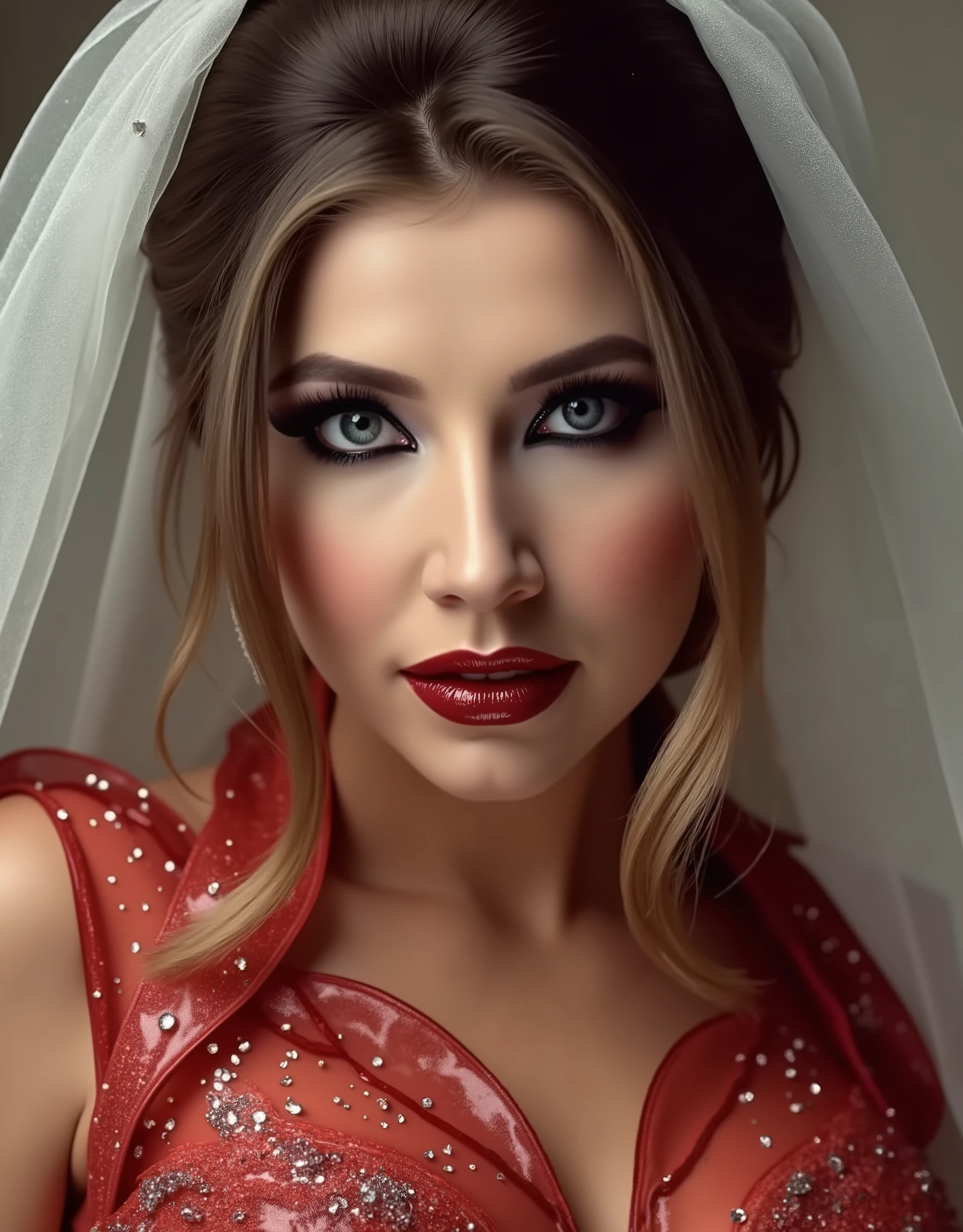 cute portrait of woman on her wedding day, latex wedding dress, red lip gloss, thick eyeliner flicks, latex outfit, latex, shiny, eye contact, full lips, lip fillers, dark red lip gloss, shiny lips, glitter