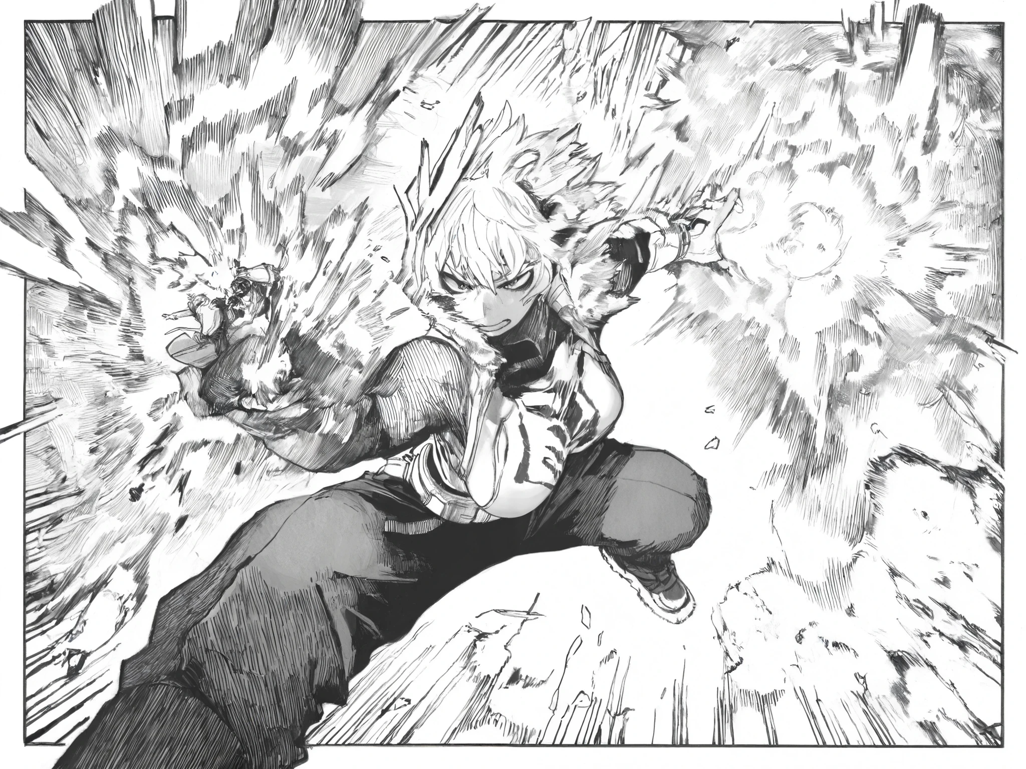 score_9, score_8_up, score_7_up, score_6_up, score_5_up, score_4_up, Kohei Horikoshi, My Hero Academia,
BREAK
(masterpiece: 1.0), best quality, monochrome, greyscale, crosshatching, directional hatching, gradients in shading, perfection, highly detailed hatching /texture/, extremely shaded
BREAK
ultra-detailed realistic manga \(medium\) (cinematic manga style), very awa, masterpiece, highres, absurdres, newest, year 2024, year 2023, ultra-detailed textures, (linear hatching, hatching \(texture\):1.1), ultra-detailed clothes, greyscale, monochrome, (masterpiece: 1.0), best quality, perfect anatomy, perfect composition, perfection, monochrome, greyscale, detailed hatching, directional hatching, contour hatching, thick outlines
BREAK
1girl, female bakugo, dynamic pose, foreshortening, action pose, 