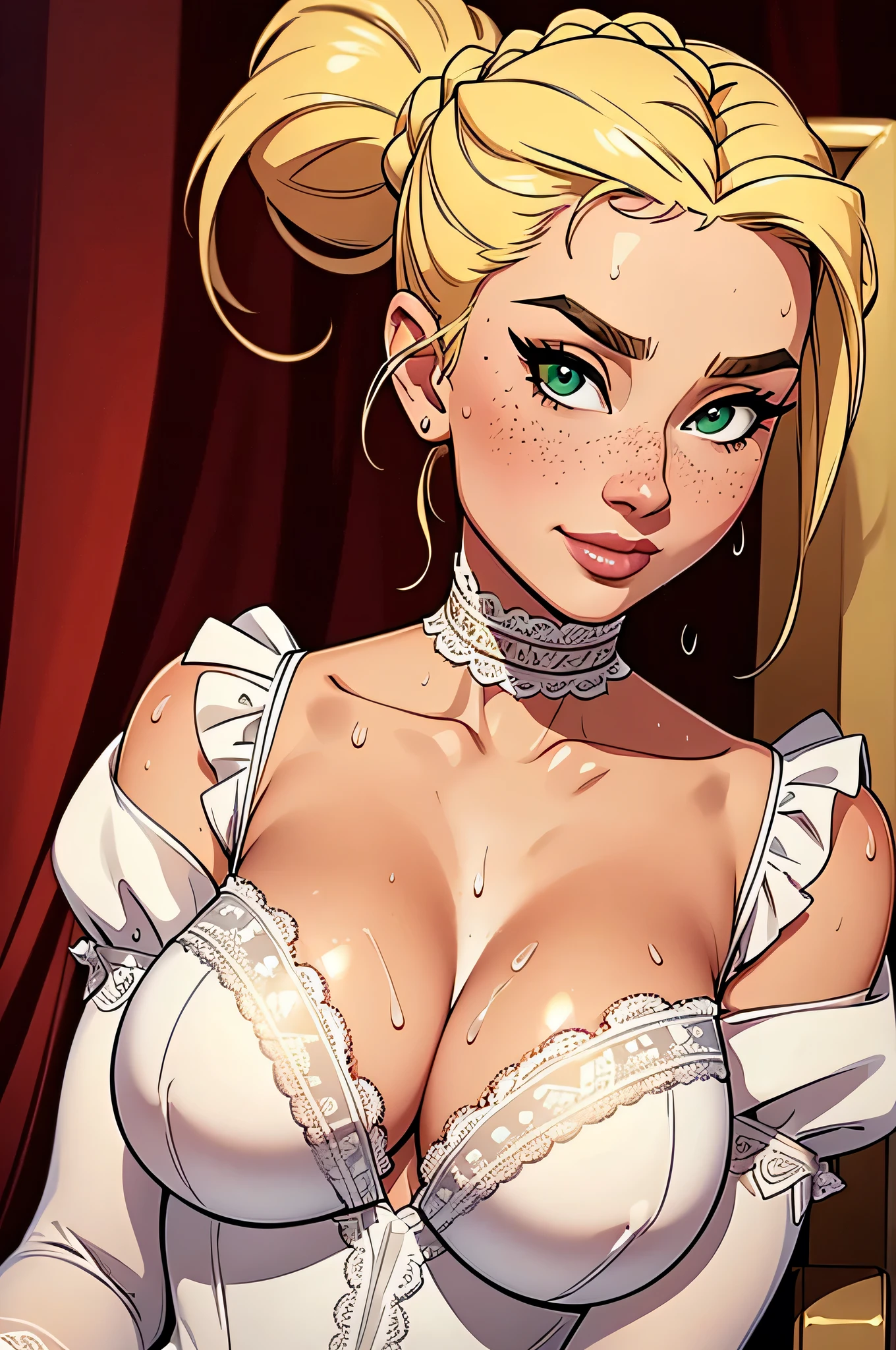 ( absurd, hq, ultra detailed lingerie top , Anatomically correct , watch out for your hand ) Close-up of a thin woman , busty and athletic , 25 years, 8k (( high definition )), beautiful smile, seductive look, green eyes, nose fine, wearing a long royal white dress ((lace boat neckline, with short puffy sleeves , choker and tiara)), nose fine, arms positioned on the sides of the body, white skin , long blond hair ((with a braided ponytail )), sitting on an armchair ((Close on the upper body )), with freckles on your chest and neck , (( large round breasts, Wet with sweat )). Marvel style (( high definition )), white background.