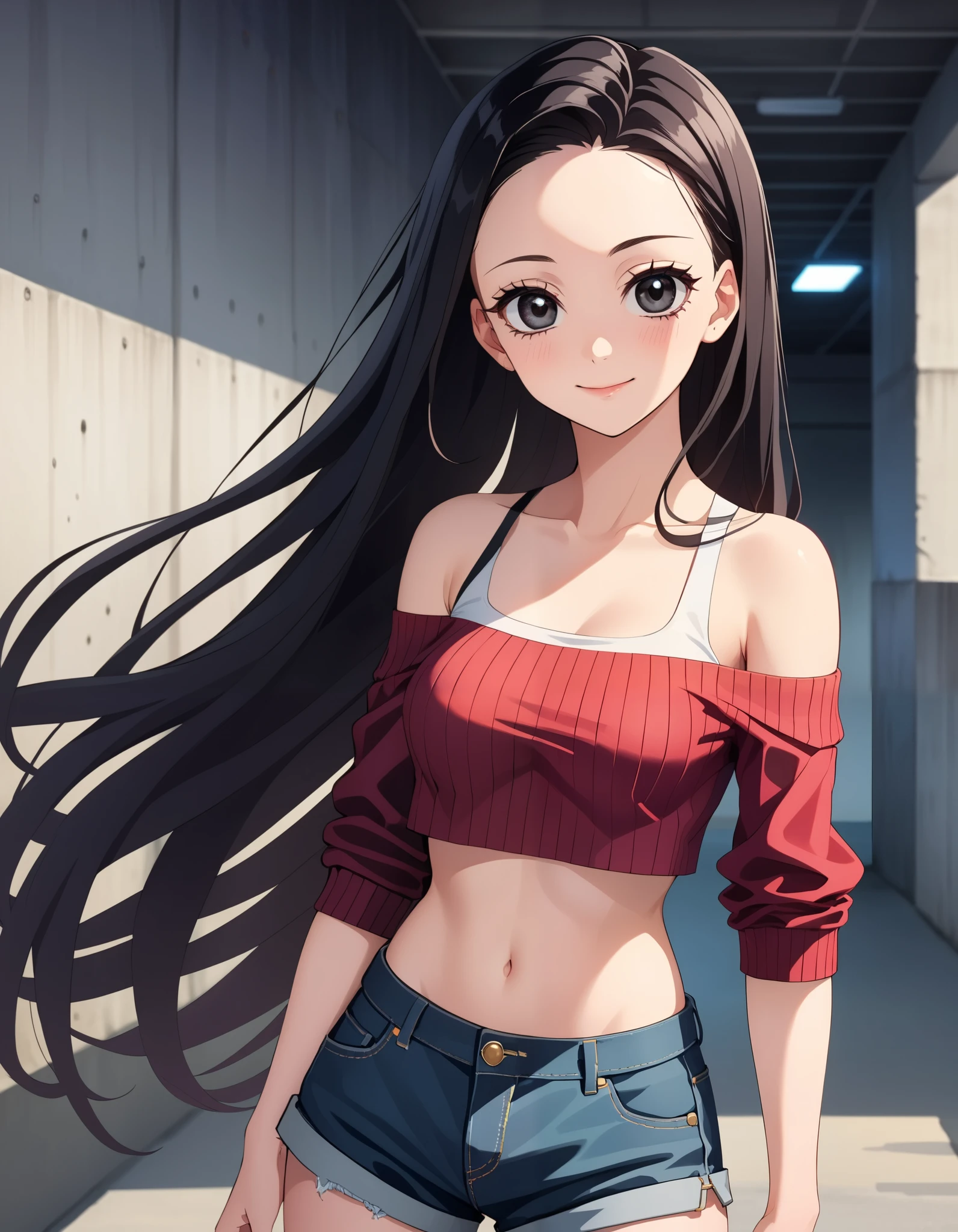 score_9, score_8_up, score_7_up, vivid colors, (Demon Slayer, Kimetsu no yaiba style), (nezuko kamado, JK), (1girl, solo), upper body, (black long hair, straight hair:1.1), asymmetrical parting hair, forehead, (black eyes:1.1), pale skin, (off shoulder crop top, medium breasts), bare abdomen, denim shorts, smile, looking at viewer, (standing in the car park, concrete wall, concrete floor)
