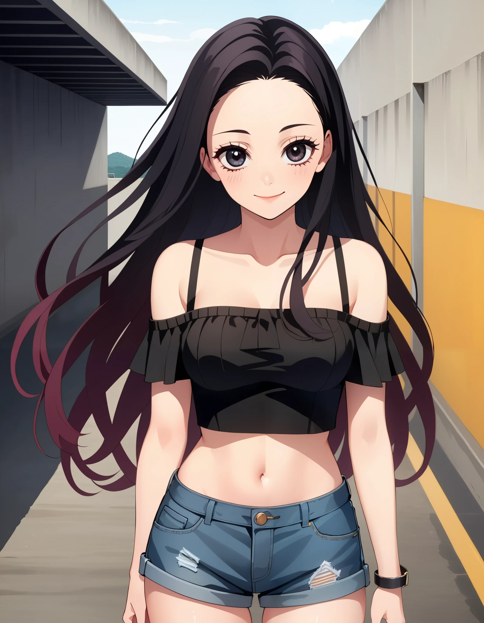 score_9, score_8_up, score_7_up, vivid colors, (Demon Slayer, Kimetsu no yaiba style), (nezuko kamado, JK), (1girl, solo), upper body, (black long hair, straight hair:1.1), forehead, (black eyes:1.1), pale skin, (off shoulder crop top, medium breasts), bare abdomen, denim shorts, smile, looking at viewer, (standing in the car park, concrete wall, concrete floor)