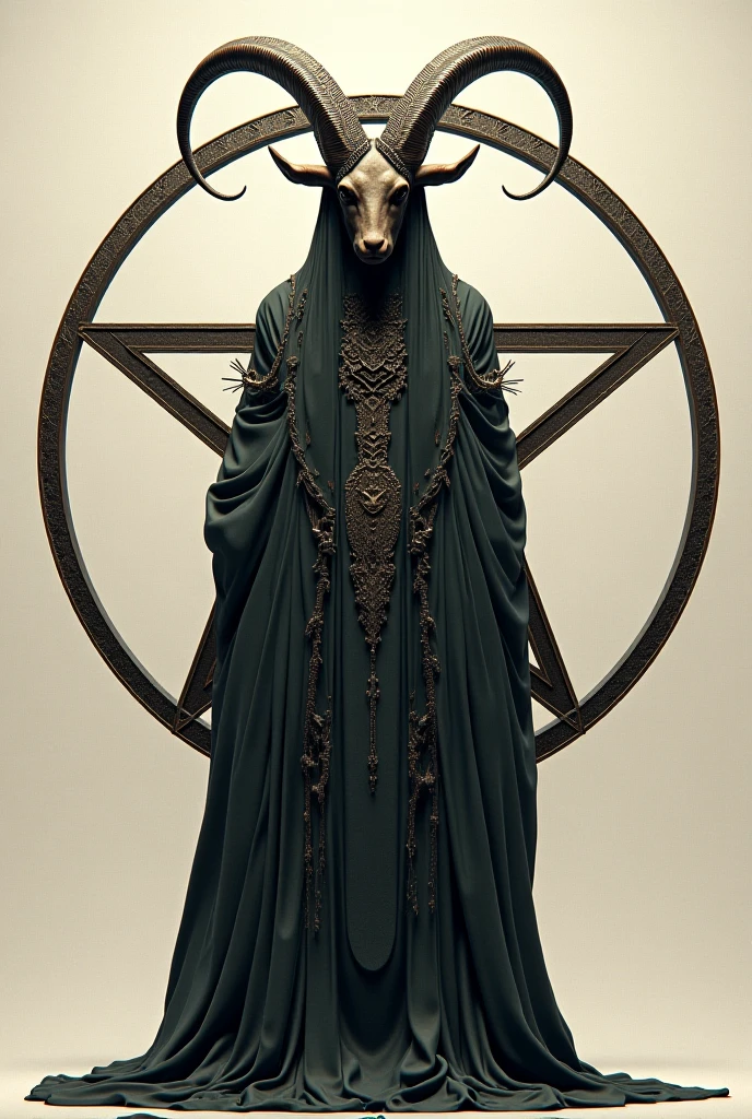 Photorealistic, baphomet dressed in ceremonial robe, pentagram, blood, dramatic lighting, upward angle