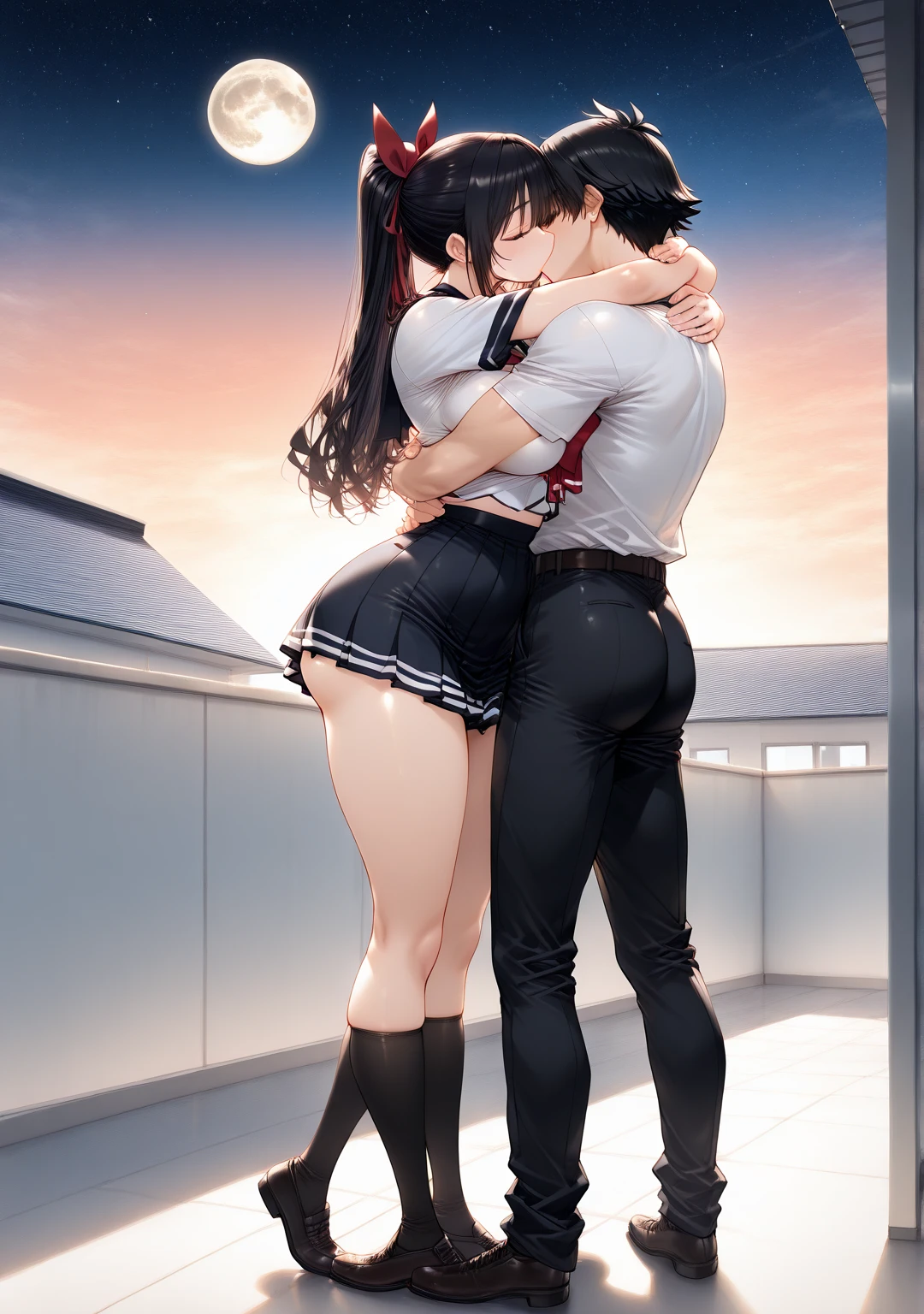  The Best Quality ,  , detallado, preciso, source _anime,  Masterpiece, NSFW, Women ( full body, curvy, sexy,  medium breasts,  thin waist ,  big butt,  long hair , ponytail tied with a red ribbon ,  dressed in a school uniform with a short skirt, calceta larga negra),  hugging and kissing a boy  ( Athletic and male body , short black hair, black schoolwear, hug ),  on the roof of a school building at dusk with a full moon and starry sky