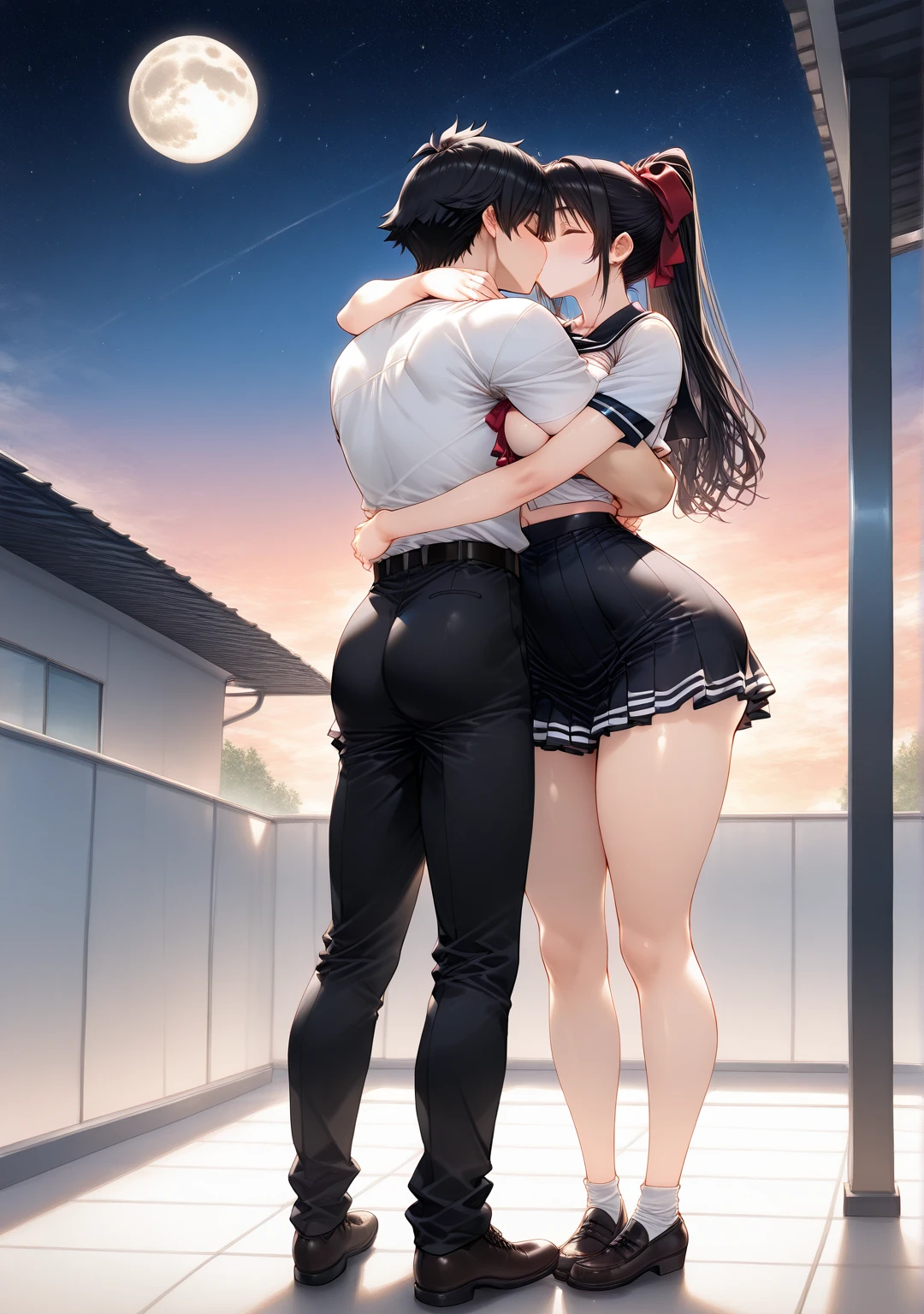  The Best Quality ,  , detallado, preciso, source _anime,  Masterpiece, NSFW, Women ( full body, curvy, sexy,  medium breasts,  thin waist ,  big butt,  long hair , ponytail tied with a red ribbon ,  dressed in a school uniform with a short skirt, calceta larga negra),  hugging and kissing a boy  ( Athletic and male body , short black hair, black schoolwear, hug ),  on the roof of a school building at dusk with a full moon and starry sky