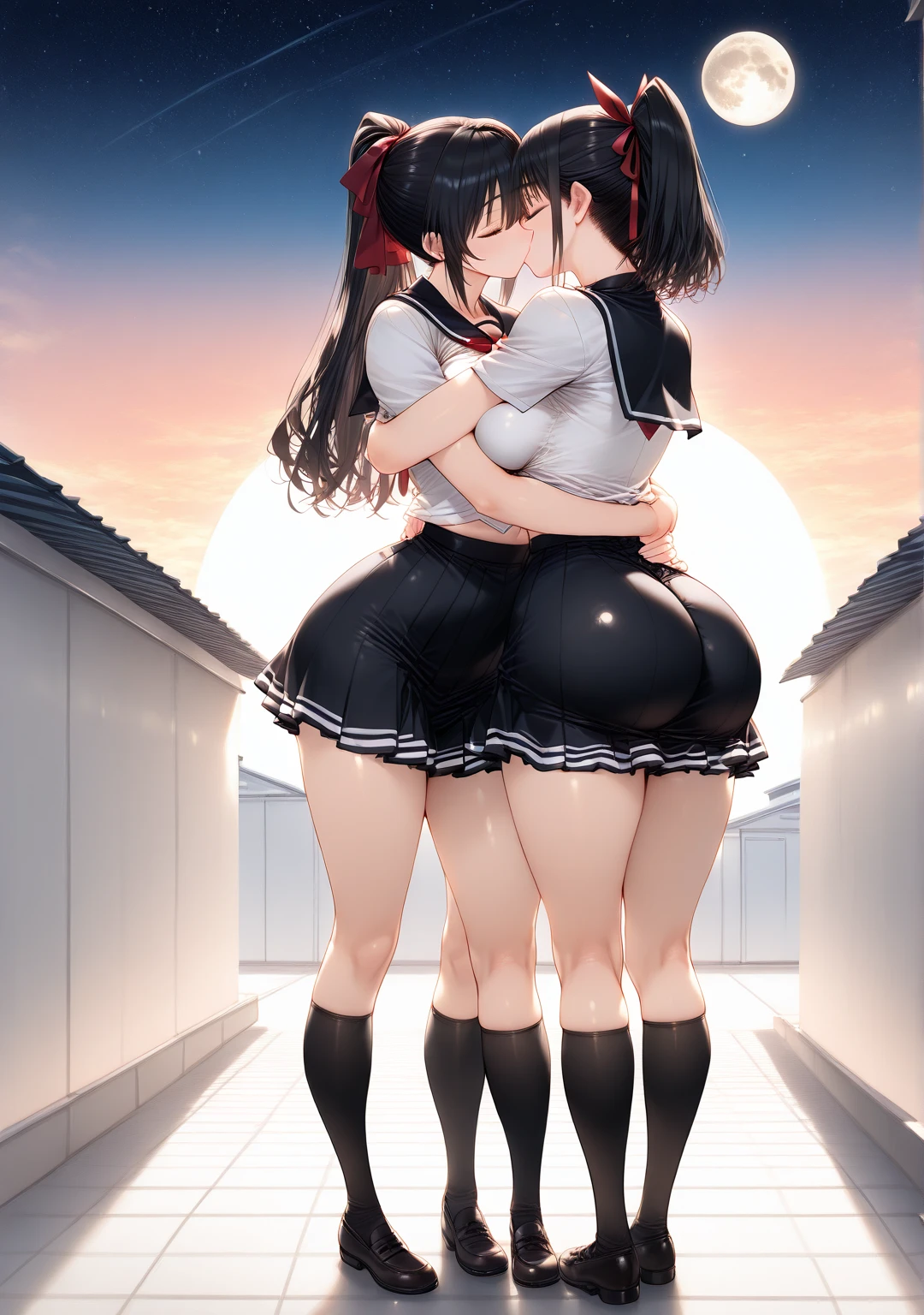  The Best Quality ,  , detallado, preciso, source _anime,  Masterpiece, NSFW, Women ( full body, curvy, sexy,  medium breasts,  thin waist ,  big butt,  long hair , ponytail tied with a red ribbon ,  dressed in a school uniform with a short skirt, calceta larga negra),  hugging and kissing a boy  ( Athletic and male body , short black hair, black schoolwear, hug ),  on the roof of a school building at dusk with a full moon and starry sky