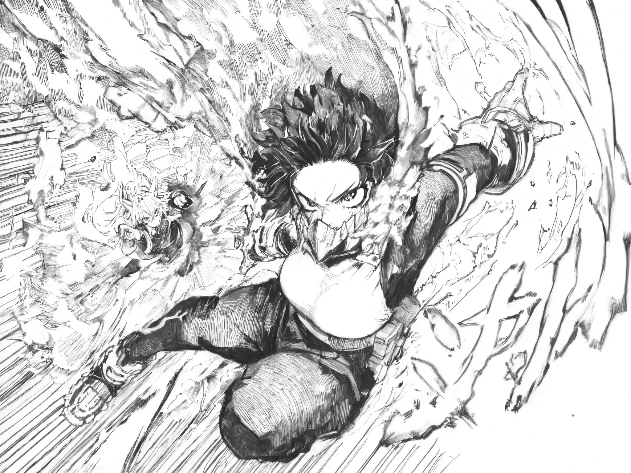 score_9, score_8_up, score_7_up, score_6_up, score_5_up, score_4_up, Kohei Horikoshi, My Hero Academia,
BREAK
(masterpiece: 1.0), best quality, monochrome, greyscale, crosshatching, directional hatching, gradients in shading, perfection, highly detailed hatching /texture/, extremely shaded
BREAK
ultra-detailed realistic manga \(medium\) (cinematic manga style), very awa, masterpiece, highres, absurdres, newest, year 2024, year 2023, ultra-detailed textures, (linear hatching, hatching \(texture\):1.1), ultra-detailed clothes, greyscale, monochrome, (masterpiece: 1.0), best quality, perfect anatomy, perfect composition, perfection, monochrome, greyscale, detailed hatching, directional hatching, contour hatching, thick outlines
BREAK
1girl, female Midoriya Izuku, dynamic pose, foreshortening, action pose, 