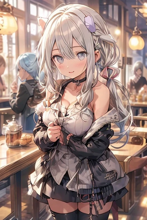 sovetsky_Soyuz, grey hair, long hair, choker, necklace, bracelets, bare shoulder, thigh high stocking, black tanktop, red short skirt, frilly skirt, large breasts, cleavage, first rate breasts, grey eyes, sharp eyes, Long eyelashes, symmetrical eyes, eye shadow, ominous vibe, expressionless, stoic, relaxing, anime, aesthetic, Anime screenshot, Ultra quality, UHD, high detail, morning, restaurant, sitting, one girl