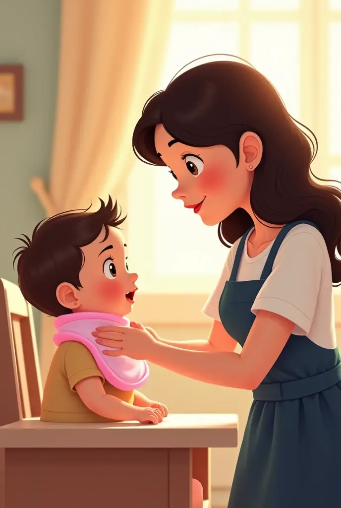 animated mother with a dark brown colored wavy hair in an dark blue apron gently placing a pink colored drool bib in her baby that is sitting in a high chair