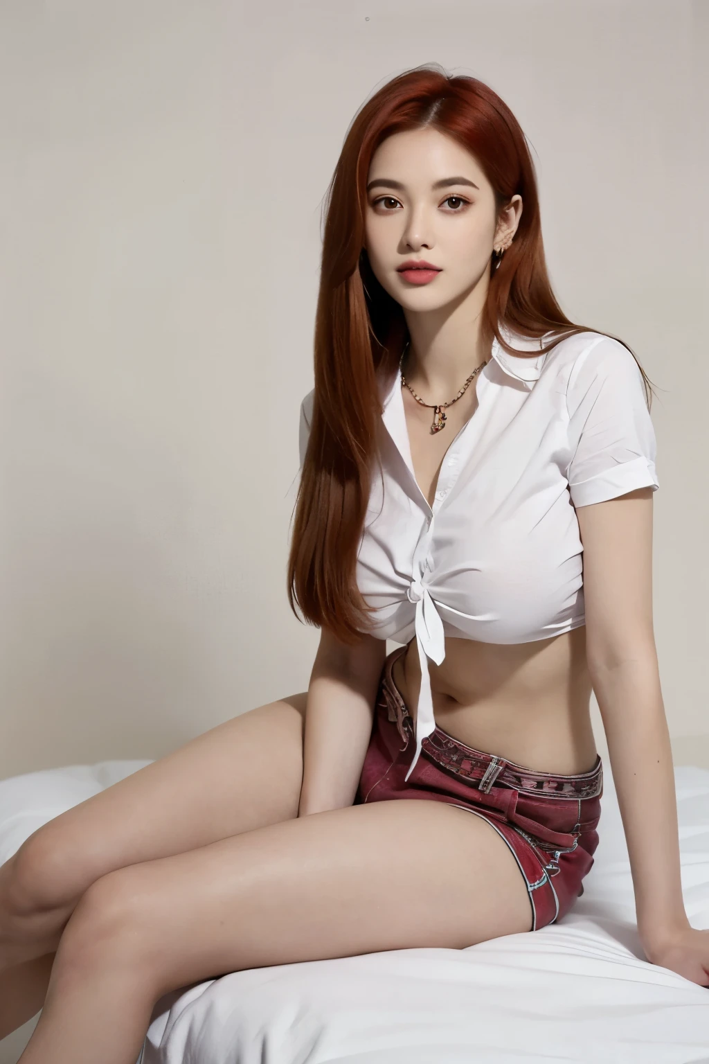 (RAW shooting:, Photoreal, 8k, top grade, masterpiece, super high resolution ), Perfect Dynamic Composition :1.2, sitting with your knees on a bed :1.2, Beautiful and Aesthetic :1.2, bright skin:1.2,Full body, ( big boobs , Chest Spacing ),(Perfect arms and legs ), ( perfect fingers),(Legs together ),Caucasian , Connie ,1 woman, Tall,makeup,( red hair, long hair,Straight hair), headband ,earring,necklace, tie shirt , white shirt, short sleeve ,navel,,( red shorts), perfect thighs ,sandals),( simple background )