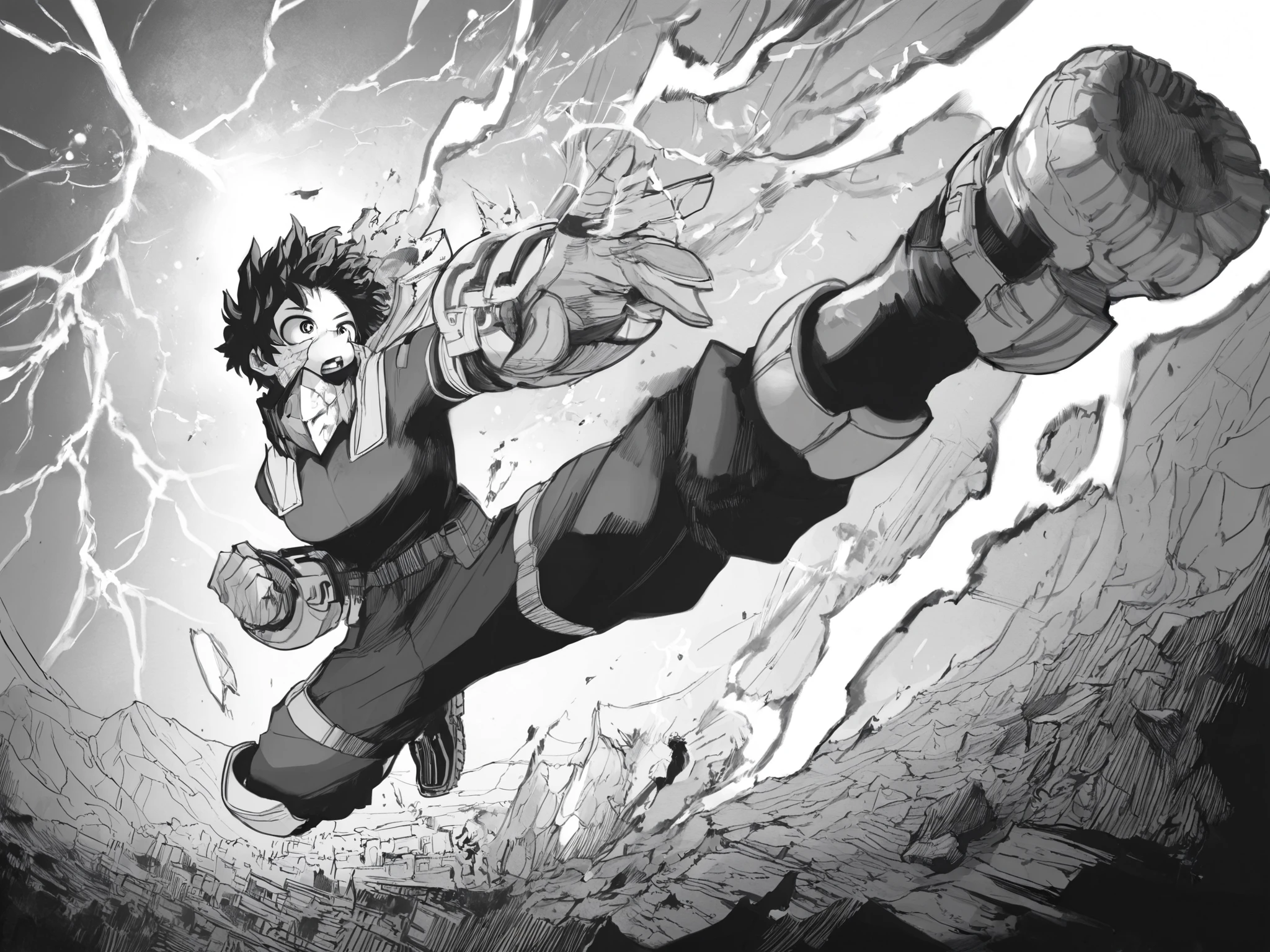 score_9, score_8_up, score_7_up, score_6_up, score_5_up, score_4_up, Kohei Horikoshi, My Hero Academia,
BREAK
(masterpiece: 1.0), best quality, ultra-detailed realistic manga \(medium\) (cinematic manga style), very awa, masterpiece, highres, absurdres, newest, year 2024, year 2023, ultra-detailed textures, (linear hatching, hatching \(texture\):1.1), ultra-detailed clothes, greyscale, monochrome, (masterpiece: 1.0), best quality, perfect anatomy, perfect composition, perfection, monochrome, greyscale, detailed hatching, directional hatching, contour hatching, thick outlines
BREAK
1girl, female Midoriya Izuku, big breasts, dynamic pose, foreshortening, action pose, lightning, city background