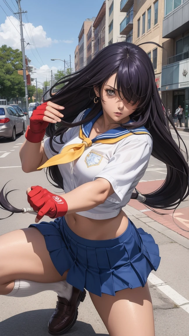 ((masterpiece,best quality, detailed)), 1girl, solo, outdoors, street, fighting pose, serious, 
kanu unchou, fingerless gloves, serafuku, midriff, loose socks, pleated skirt, yellow neckerchief, earrings, low-tied long hair, hair over one eye, loafers