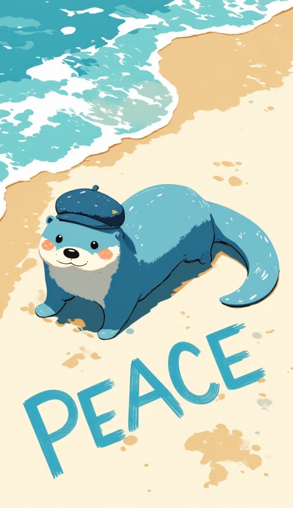 A cartoon style illustration of a sea otter (blue fur, adorable, mischievous smile, deep blue beret hat with blue and white wavy patterns, tail with a colorful tip) writing the word "PEACE" across the beach using its tail. top down view.