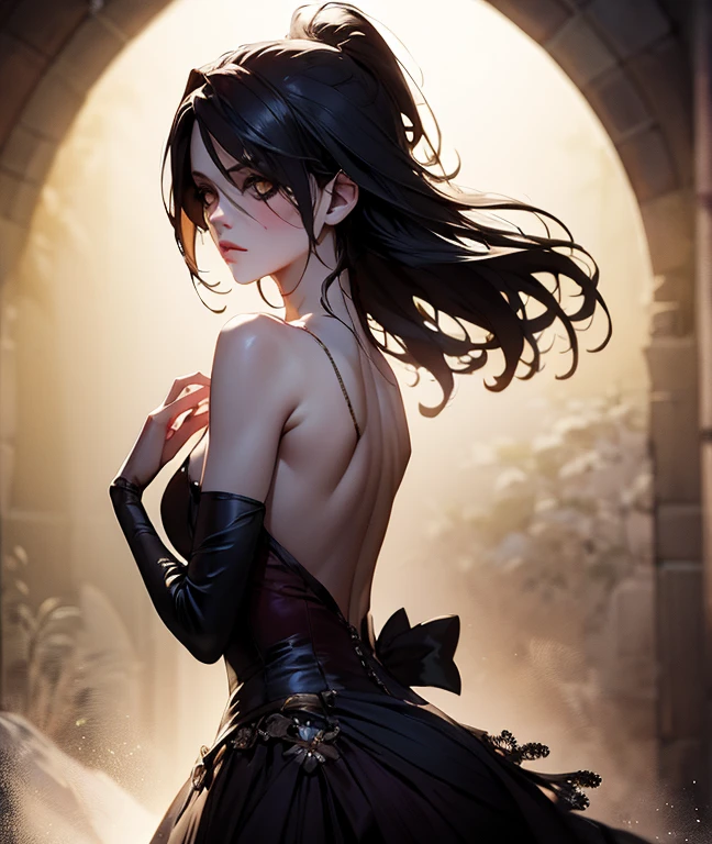 ((extreme detail)),(ultra-detailed), extremely detailed CG unity 8k wallpaper, velvet, figurine, red hood, crop top, star headdress, puffy sleeves, lips, looking away, close-up, head turn, black backgroundHD lighting and dark )<=(epic image quality)dark atmosphere with bright particle light(many effects in background)