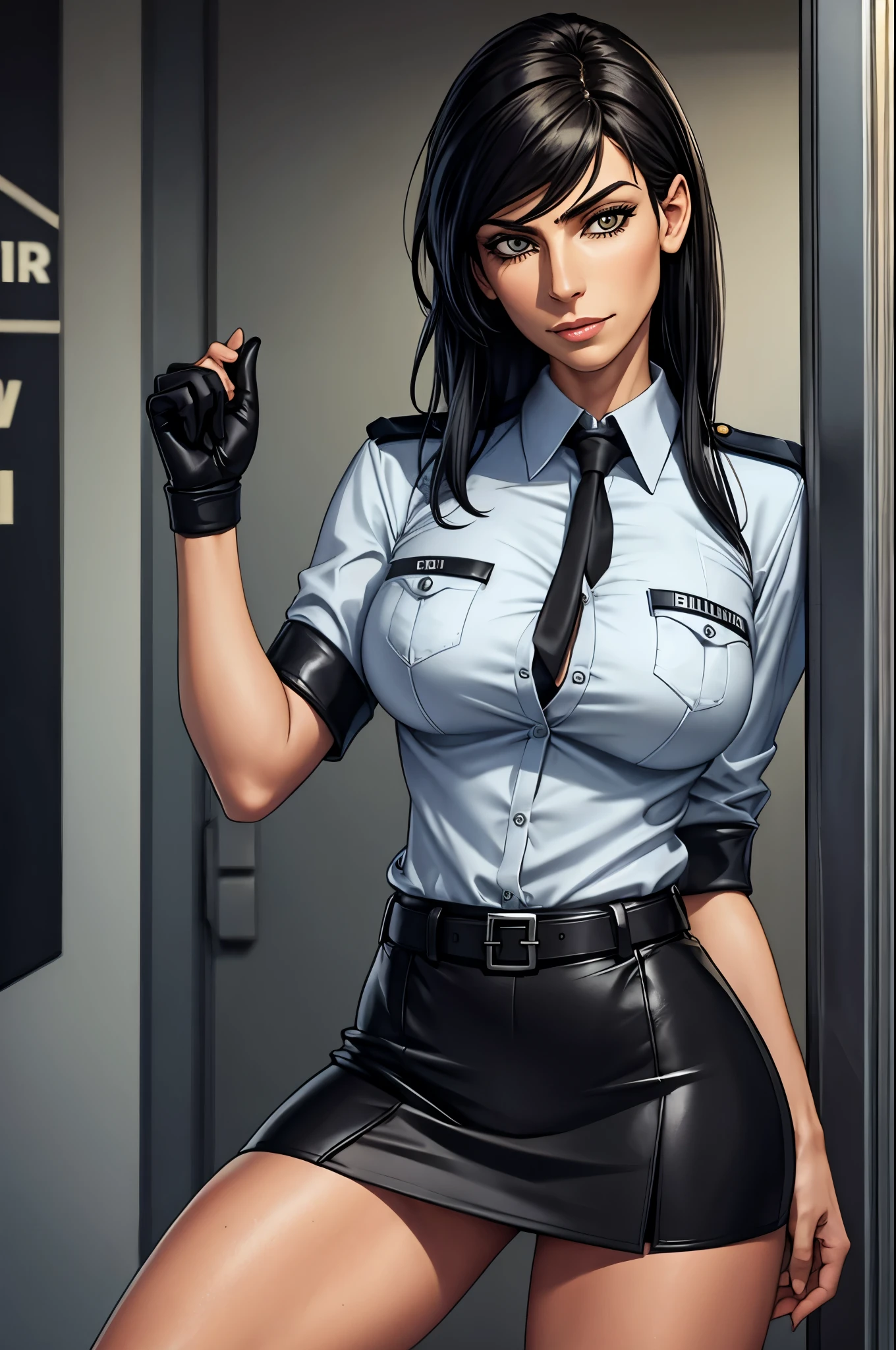 A photo of a busty female police, police hat, sitting on a chair, in an office cubicle, seductive expression, cleavage:1.2, unbuttoned shirt, side view, (detailed skin complexion:1.2), best quality, deep color, complex shading effect, natural lighting effect, ambient occlusion, highly detailed textures