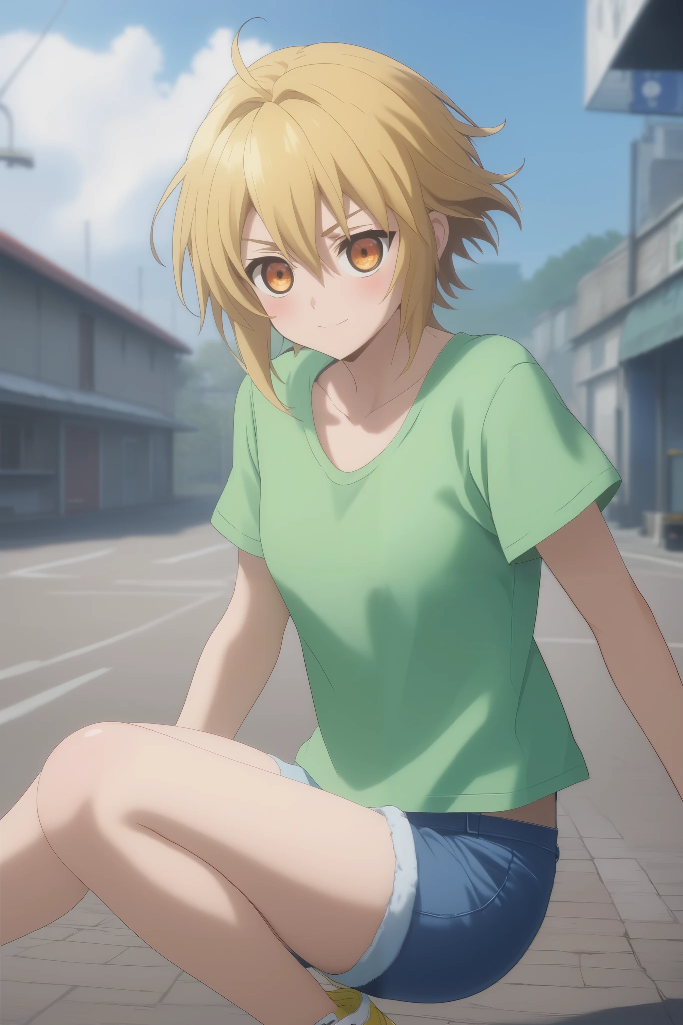 score_9, score_8_up, score_7_up, source_anime,    complex details   , (3d:0.4), ,  1 girl fights  ,    blonde   , One, female focus, светло-yellow hair,   amber eyes, большие  amber eyes  ,    short blond hair  ,    Hair between eyes ,  ,   short hair bob   , bam, yellow hair, smile, blushed, green oversized t-shirt,  breast,    thin waist,  short denim shorts ,   slender legs , Sneakers,  short blond hair runs through clouds of dust 