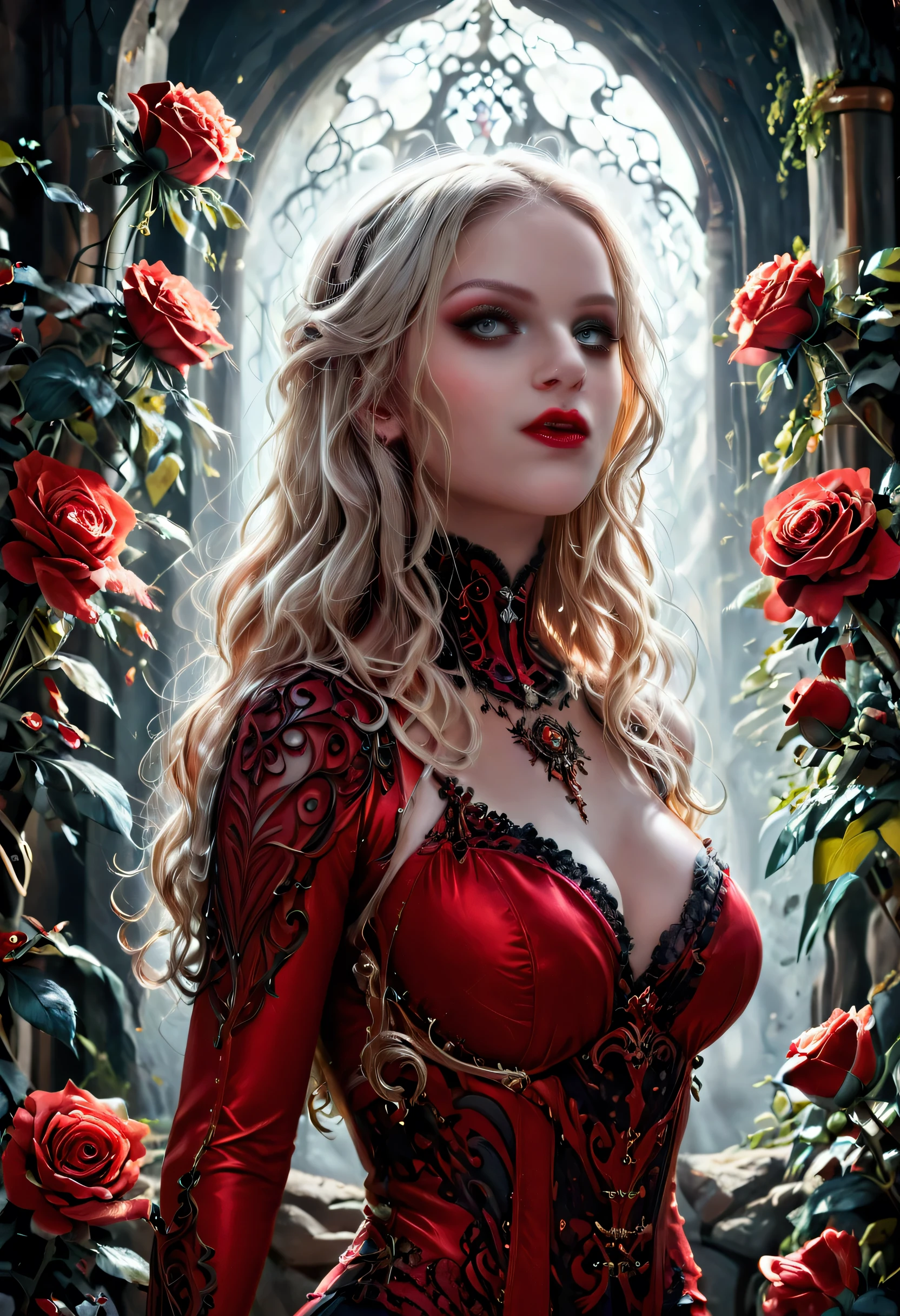 score_9, score_8_up, score_7_up, score_6_up, score_5_up, score_4_up, Dark fantasy art, fantasy art, goth art, a picture of a female vampire (masterpiece, best quality: 1.3), exquisite beauty, full body shot (masterpiece, best quality: 1.3), delicate face (masterpiece, best quality: 1.3), vampire fangs, dark glamour shot, pale white skin, blond hair, long hair, wavy hair, (glowing grey: 1.3) eyes, she wears a (red: 1.3) red tight suit, she holds a sword in hand, (masterpiece, best quality: 1.4) , the roses are imprinted on the suit (black: 1.4) black roses, high heels, dark castle, dark, Cinematic Shot, intricate details, dnd art