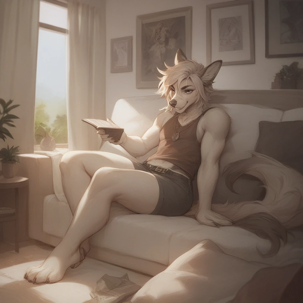 boy, wolves, mascle, furry, standing alone, brown fur, barebody, in the bedroom, on top of the bed, lying down, reading a magazine, anatomical correct, Well lit room, anime styling, best qualityer, masterpiece, 16K, realisitic.