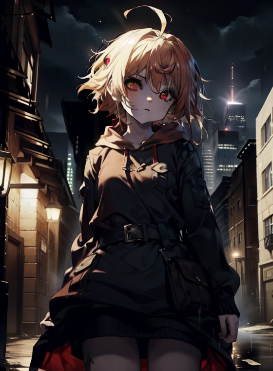 Chisato Nishikiji, nishikigi chisato, short hair,  Bangz , blond hair, ( red eyes :1.5),  hair band , One side up , قص short hair, Large red hoodie 　Hood Up , Cover your mouth with a red mask ,Short, black socks , Both hands in hoodie pockets ,Walking,rain,cloudy sky,knead,
break outdoors, In the city, Street building ,
break looking at viewer, ( A man in a cowboy dress shot:1.5),
break ( gorgeous painting :1.2), Top quality,  heavy mountains ,  8k unit back , ( eggs form :0.8), ( Detailed and beautiful eyes :1.6),  Very detailed face , Perfect lighting,  Very detailed computer graphics, ( perfect hands ,  Perfect anatomy ),